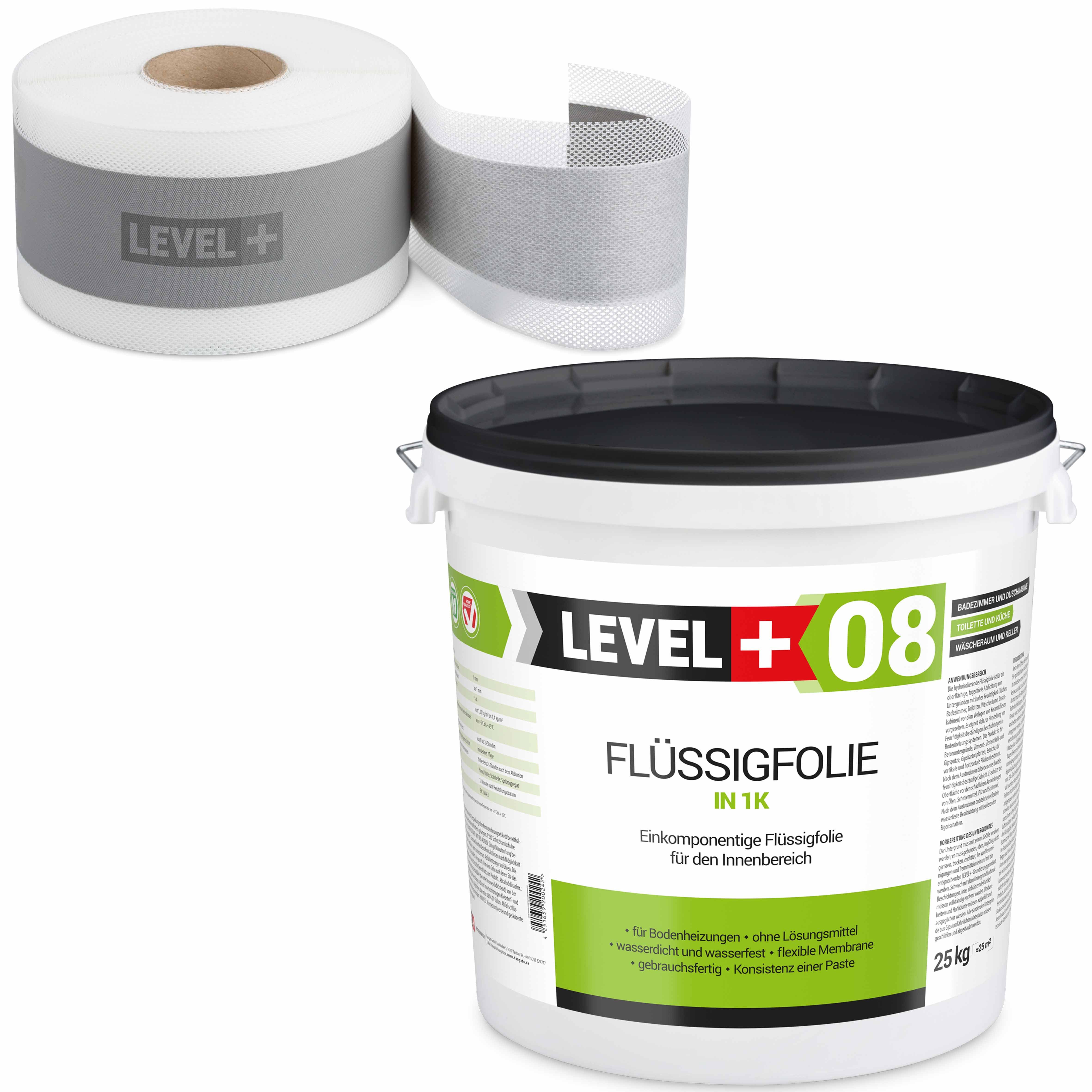 Level+ Dichtstoff Dichtset für Duschabdichtung Bad Dichtband Flüssigfolie 25kg SET48