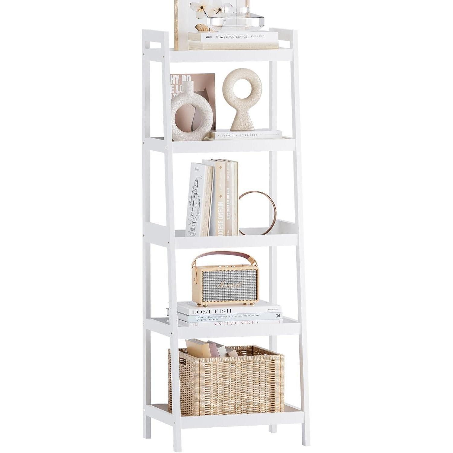 LuxusKollektion Leiterregal Bücherregal Bambusleiter Pflanzenständer Weiß 5 Ablagen (127cm H)
