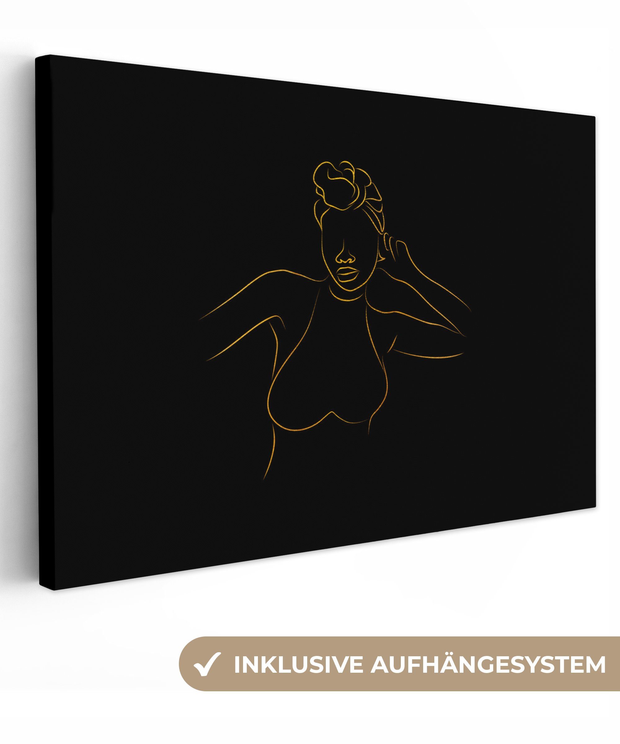 OneMillionCanvasses® Leinwandbild Frau Schwarz Wandbild cm St), 30x20 Aufhängefertig, - (1 Leinwandbilder, Gold - - Strichzeichnung, Wanddeko