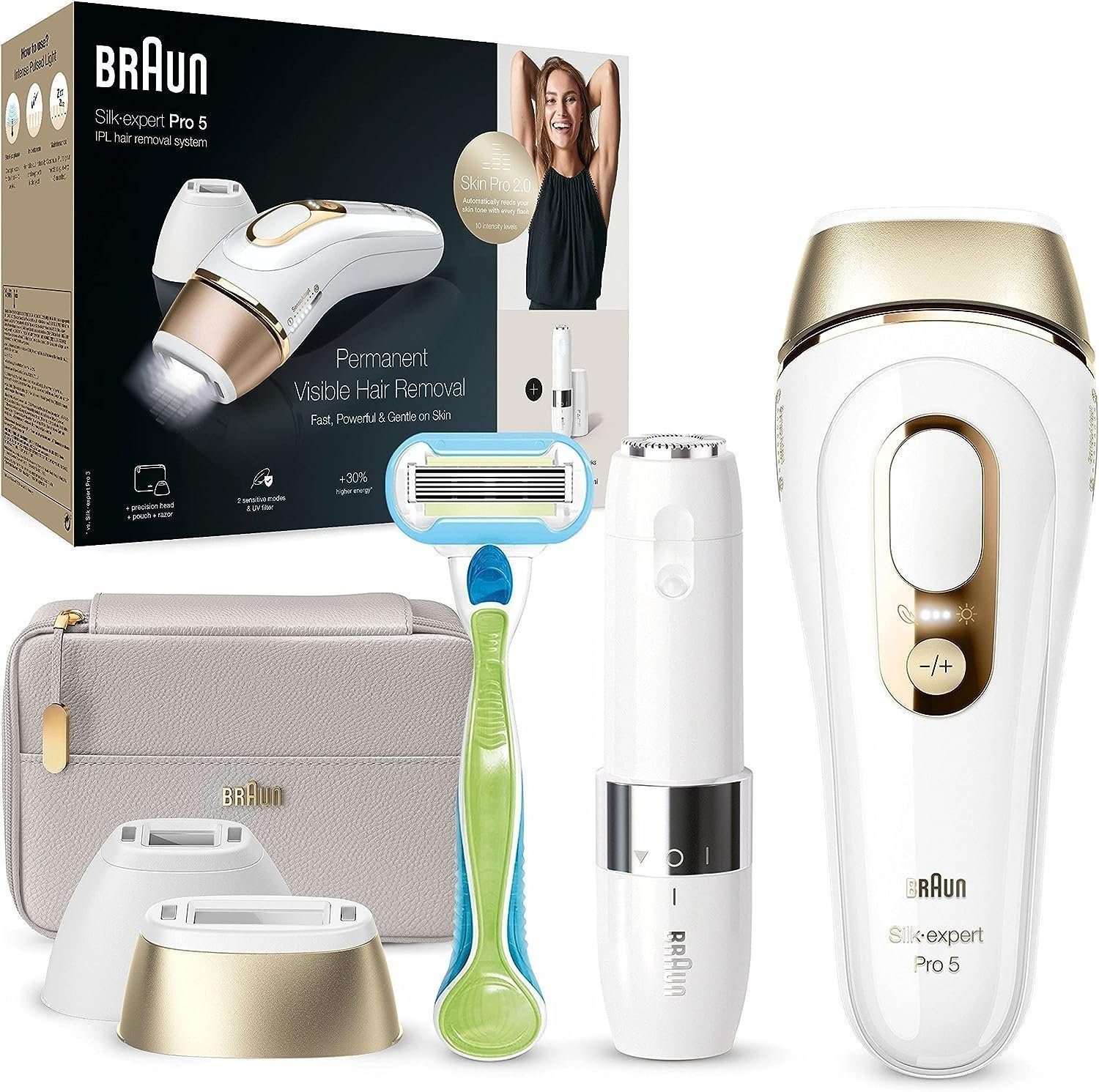 Braun IPL-Haarentferner Silk Expert Pro 5 IPL Haarentfernungsgerät Mann/Frau + Venus Rasierer, 400000 Lichtimpulse, 2 Aufsätze, Frauen, Männer, Intimbereich, Gesicht, Bikinizone, IPL Haarentfernung Laser Haarentferner Geräte Damen Herren, Epilierer