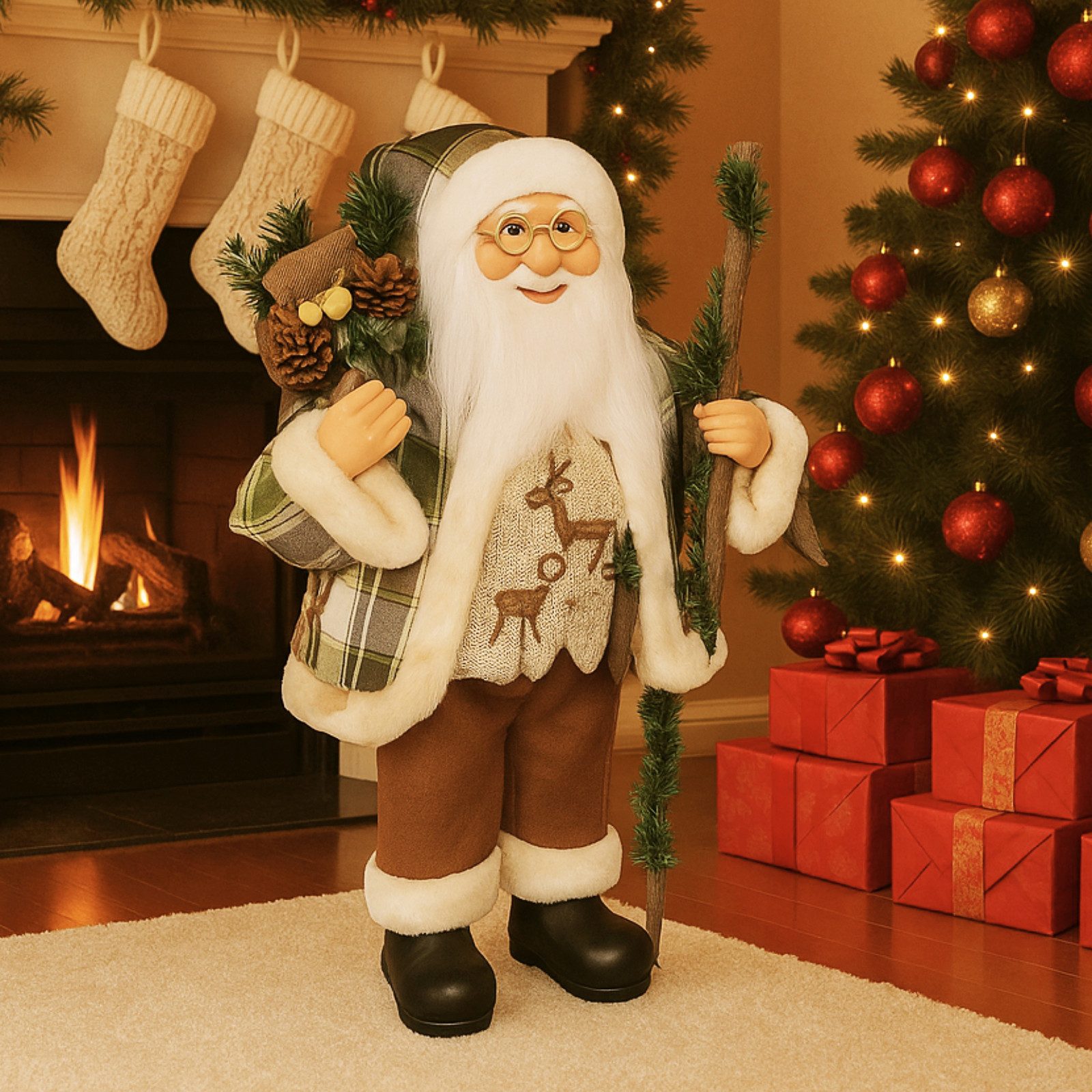 Koopman Weihnachtsmann Weihnachtsfigur Weihnachten XL 60cm Grün Polyester (1 St), 60x34x12cm, Geschenkebeutel, Kariertes Outfit, Gehstock, Kunststoff