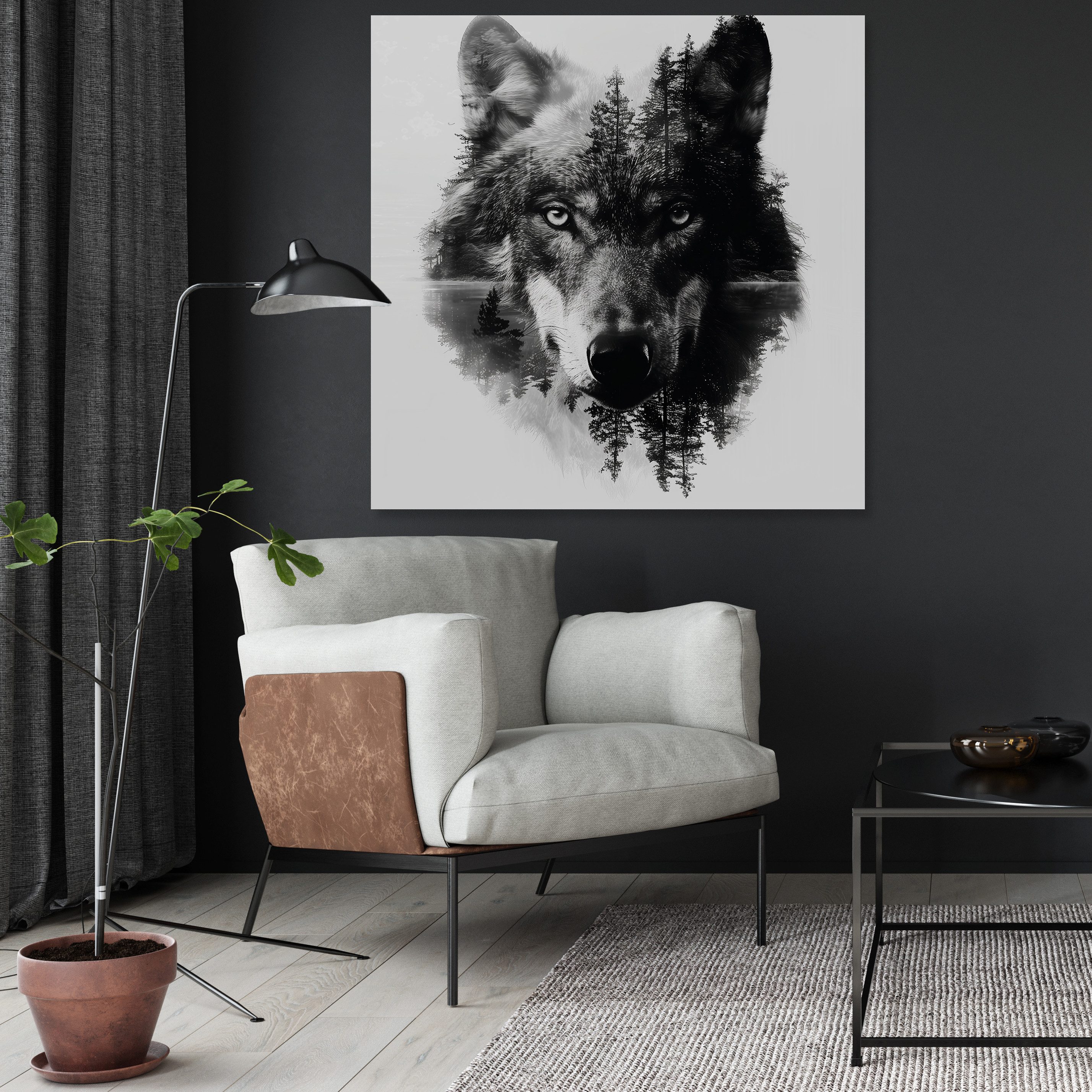 queence Acrylglasbild Wolfsgesicht, Baumbilder, Bäume, Gesicht, Kunst, Landschaft, Natur, Schwarz-Weiß, Wald, Waldbilder, Wildtiere, Wolfbilder, Wölfe, mystischer Wald (1 St), Fine Art-Print in Galeriequalität