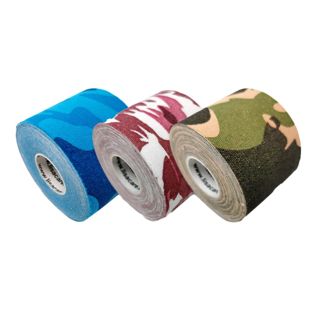 LisaCare Kinesiologie-Tape Camouflage Mix - Medizinisches Tape (Set, 3-St., 1 x Camo-Grün, Rosa & Blau / 5cm x 5m) Latexfrei