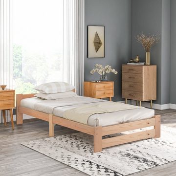 Vaxiuja Massivholzbett Solide Massivholzbett Futonbett Massivholz Natur Bett aus mit Kopfteil und Lattenrost