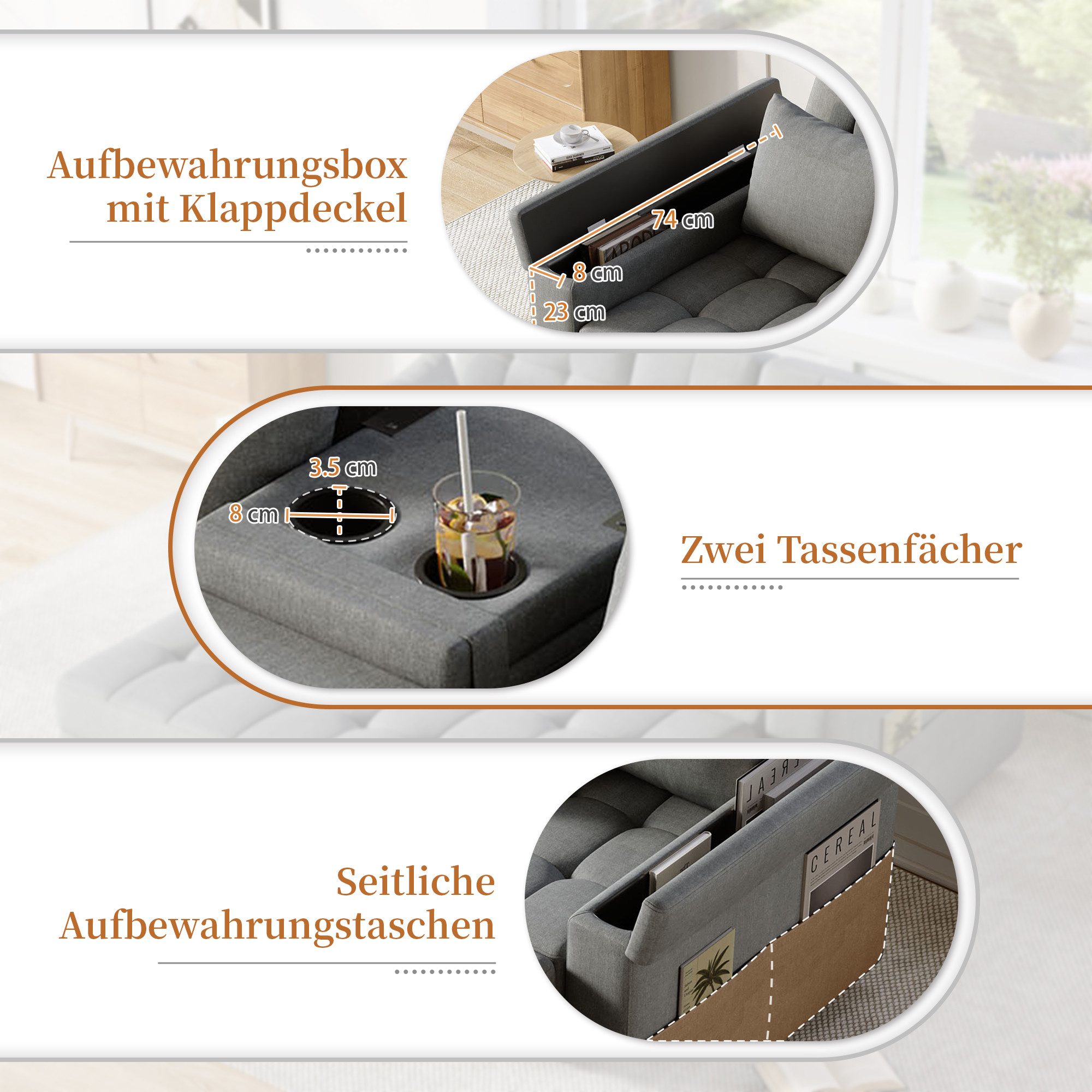 Merax Schlafsofa mit Schlaffunktion & verstellbarer Rückenlehne (108°/138°/180), Baumwoll-Leinen, 159×142,5×92cm 1 Teile, 2-Sitzer Sofa Klappsofa mit Armlehnen- – Bild 5 von 5