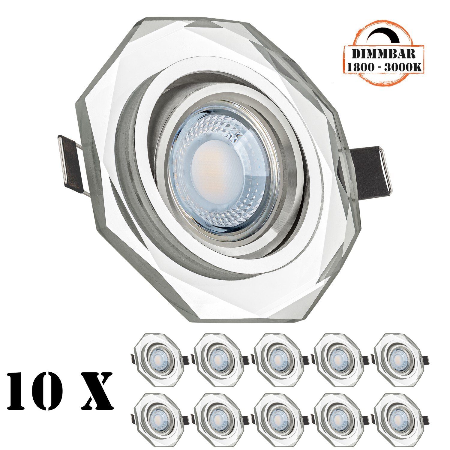 LEDANDO LED Einbaustrahler 10er LED Einbaustrahler Set extra flach in Glas / Kristall mit 5W LED
