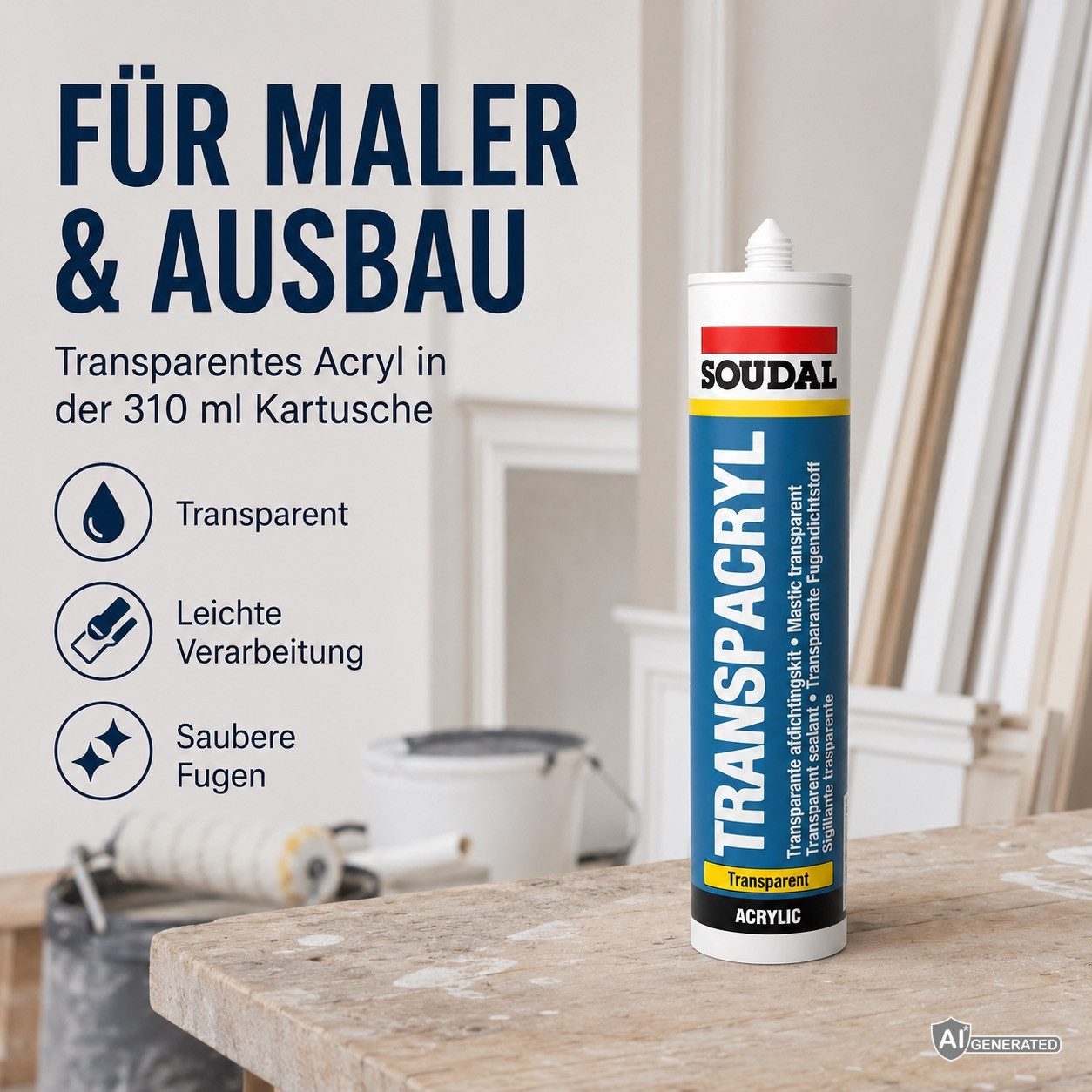 SOUDAL Maleracryl Transpacryl Acryl Dichtstoff 310 ml Transparent, Gebrauchsfertig, Transparenter Acryl-Dichtstoff für Fugen & Risse – Bild 5 von 5