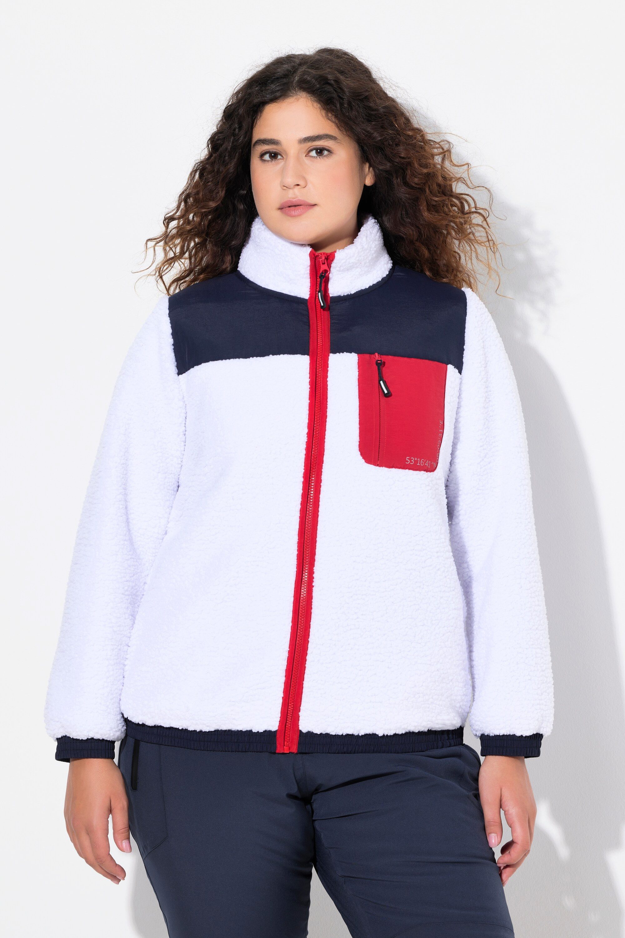 Ulla Popken Sweatjacke Teddyfleece-Jacke Patches Stehkragen günstig online kaufen