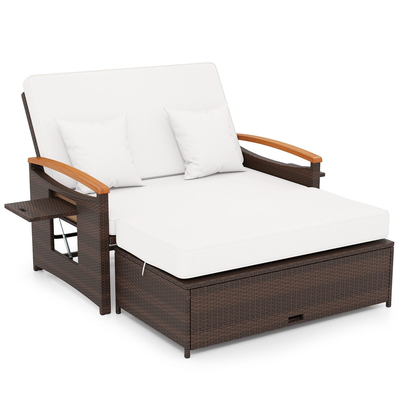 KOMFOTTEU Gartenliege 3 in1 Rattan Sofabett Doppelliege, mit ausziehbarer Seitenablage & Hocker