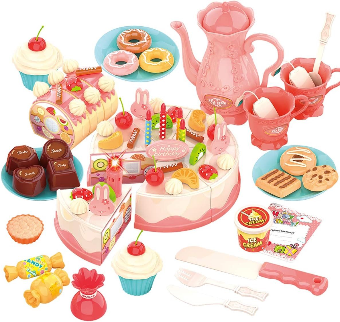 REMOKING Spiellebensmittel Küchen Spielzeug Kuchen Set Kinder 82-teilig zum Selberspielen, (Küchen Spielzeug Set Kinder Kuchen DIY elektrischer Kuchen Rollenspiel, 82-tlg., 82-teiliges Kuchen Spielset für Kinder ab 3 Jahren mit Licht und Musik), Kuchen Li