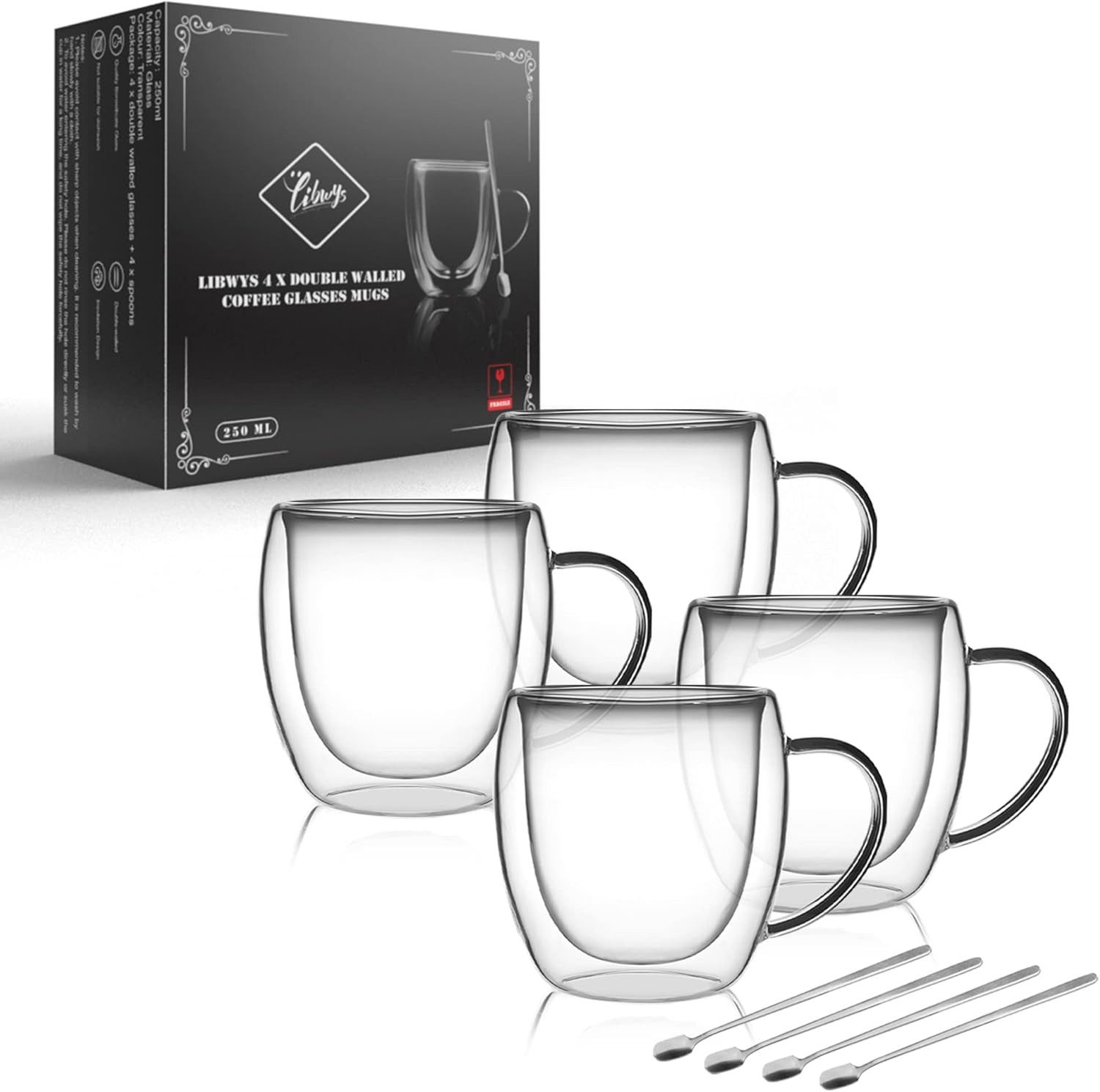 LIBWYS Thermotasse Doppelwandige Kaffeetassen aus Glas 4x250 ml mit Griff und Löffel, Glas, Doppelwandige Glastassen mit Griff für Kaffee, Tee und Heißgetränke