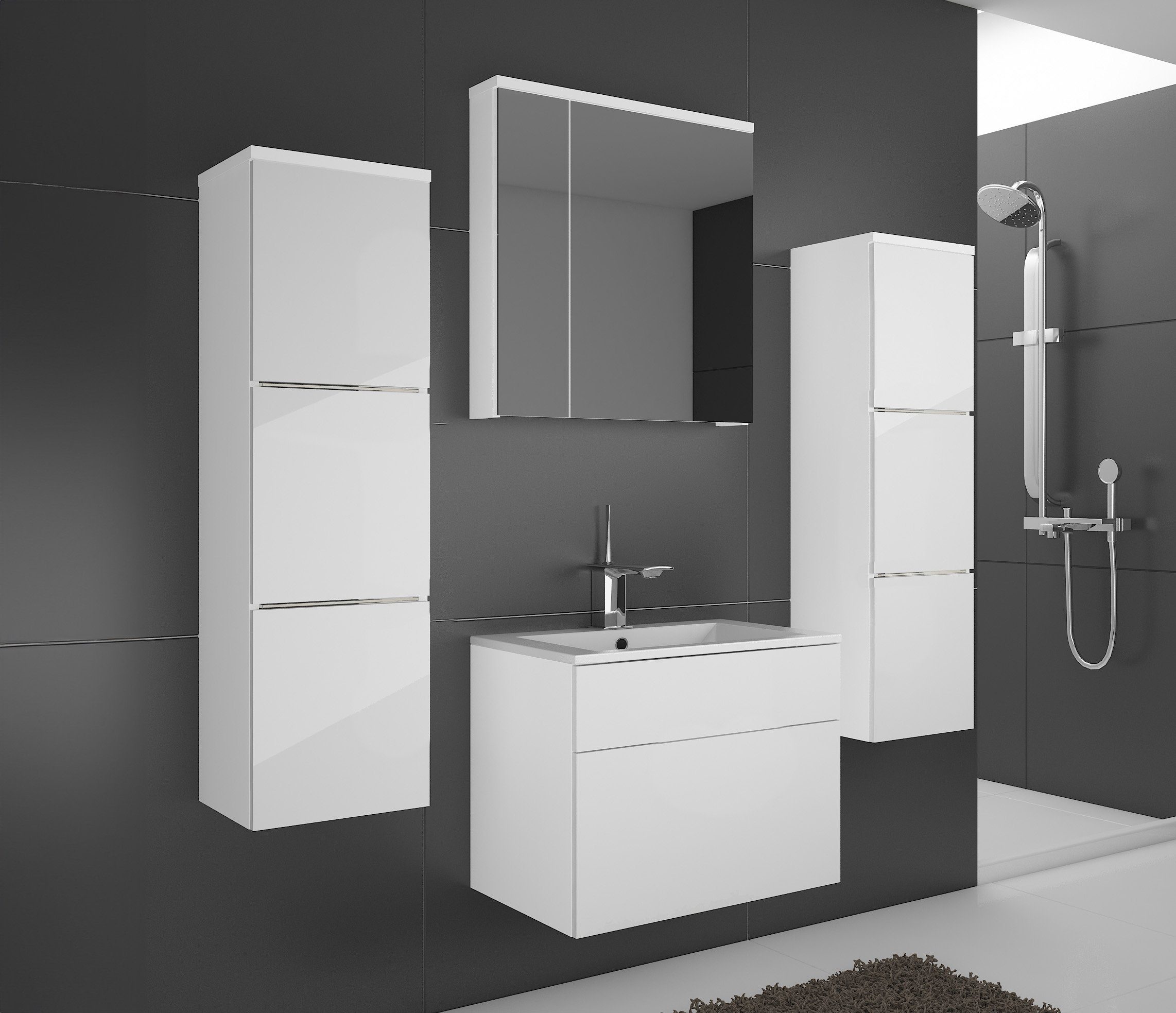 Furnix Badmöbel-Set RAGU 5-teilig, 4 Auswahl, Weiß Push&Click Hängeschränke modern + Waschbecken