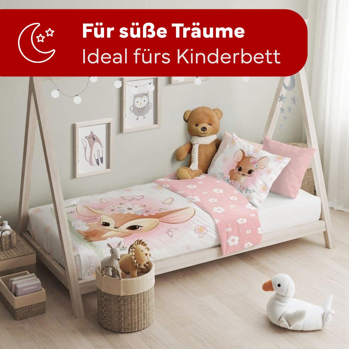 texpot Bettwäsche Kinderbettwäsche Reh Tiere bedruckt Garnitur, 2 teilig