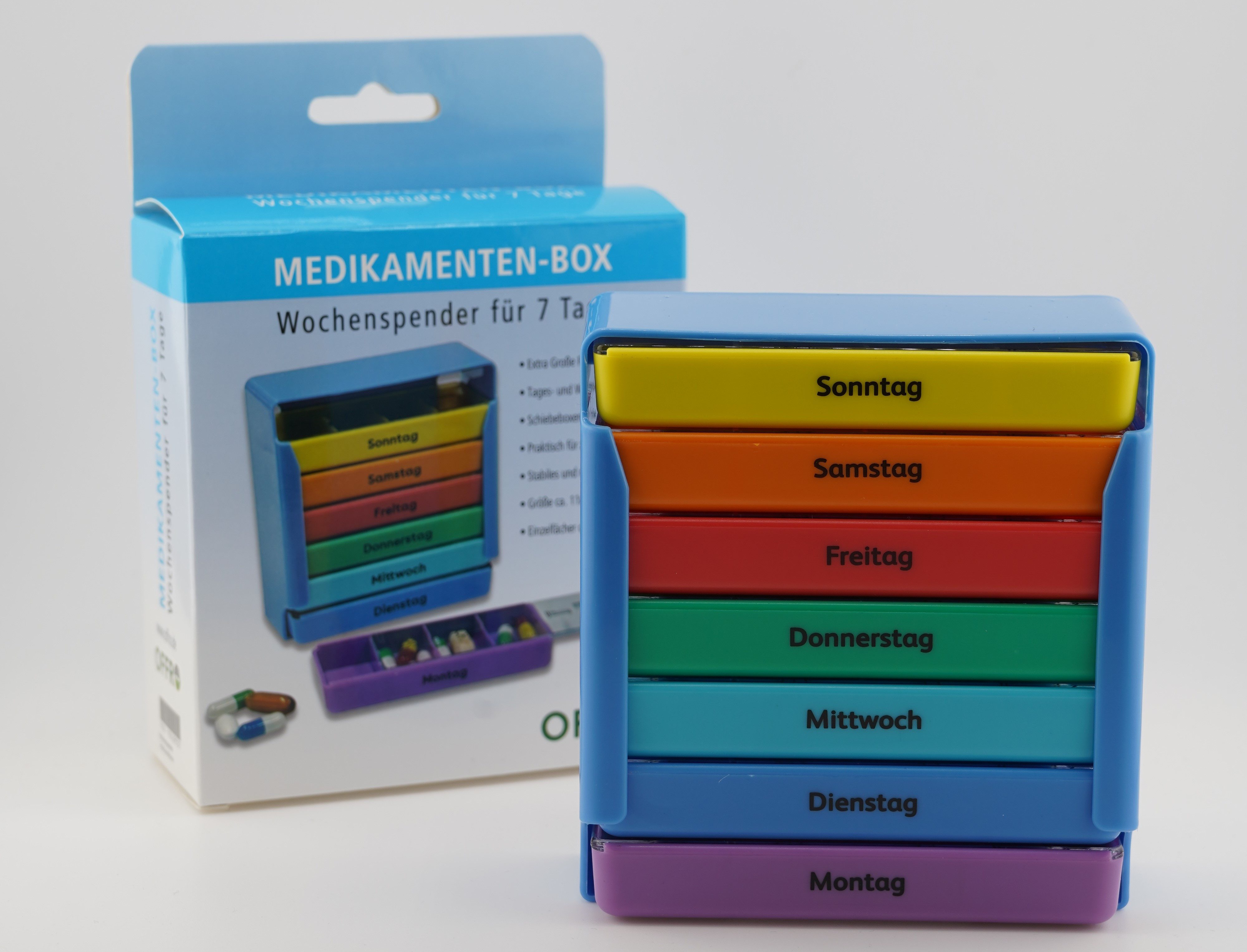 omeo Pillendose Pillenbox als Wochenspender für 7 Tage, Extragroß, Jeweils 4 Kammer