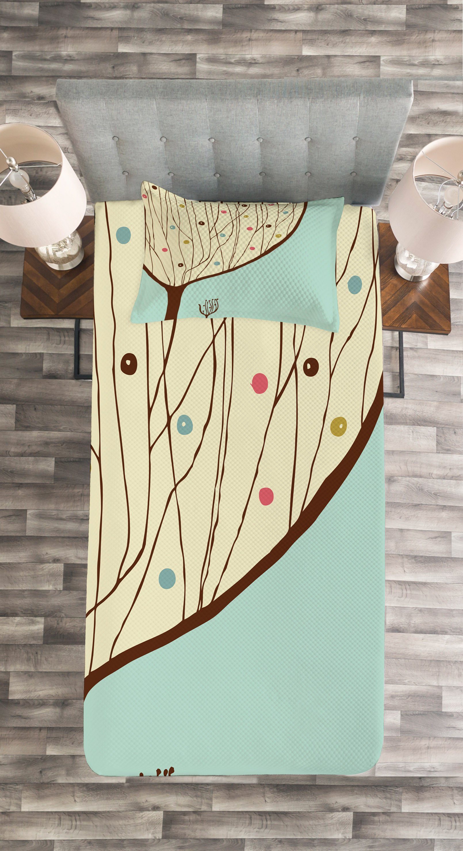 gezeichnet Tagesdecke Kunst Aqua Set Abakuhaus, Kissenbezügen mit Baum Waschbar, Hand Moderne