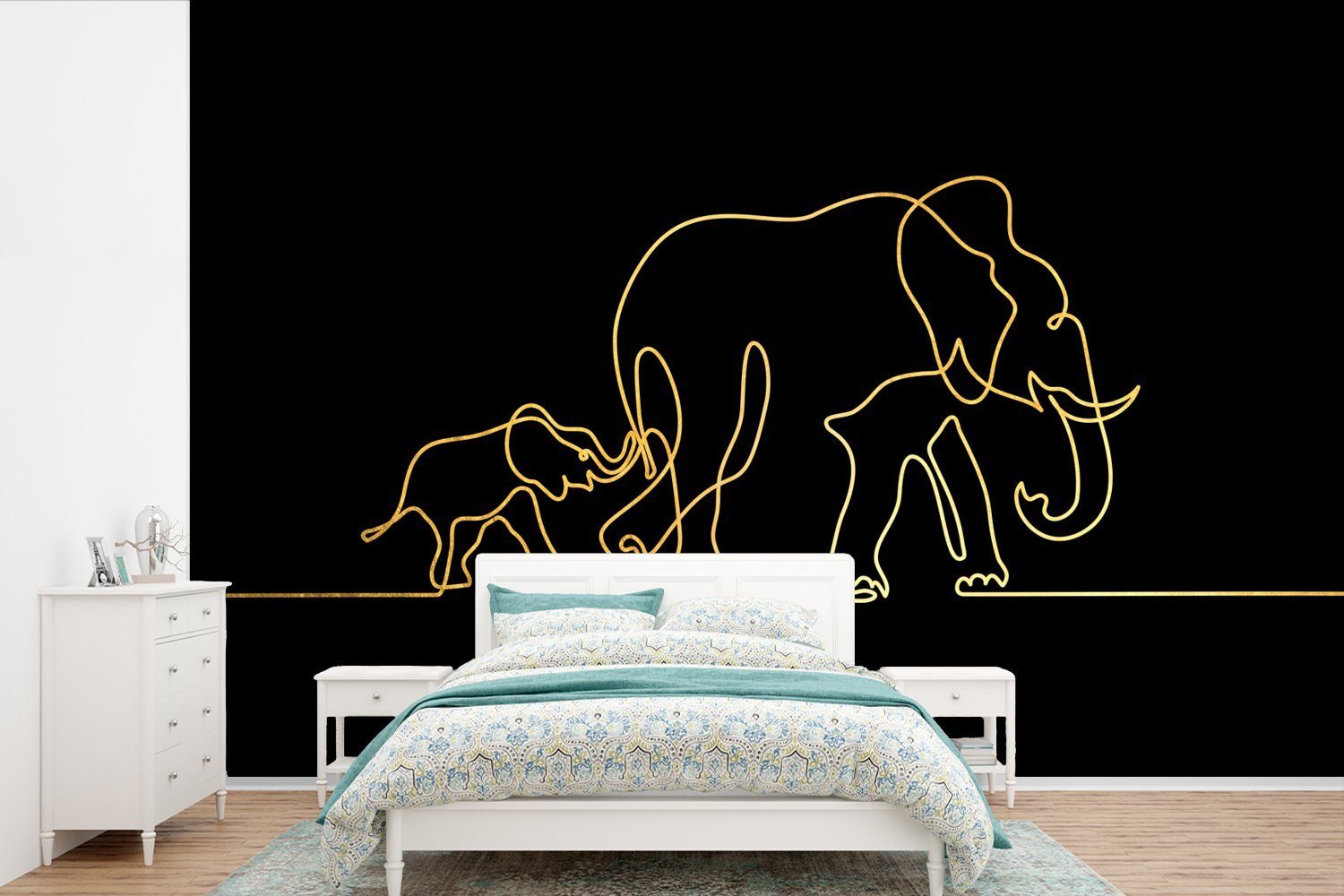 MuchoWow Fototapete Elefant - Gold - Schwarz - Minimalismus, Matt, bedruckt, (6 St), Wallpaper für Wohnzimmer, Schlafzimmer, Kinderzimmer, Vinyl Tapete