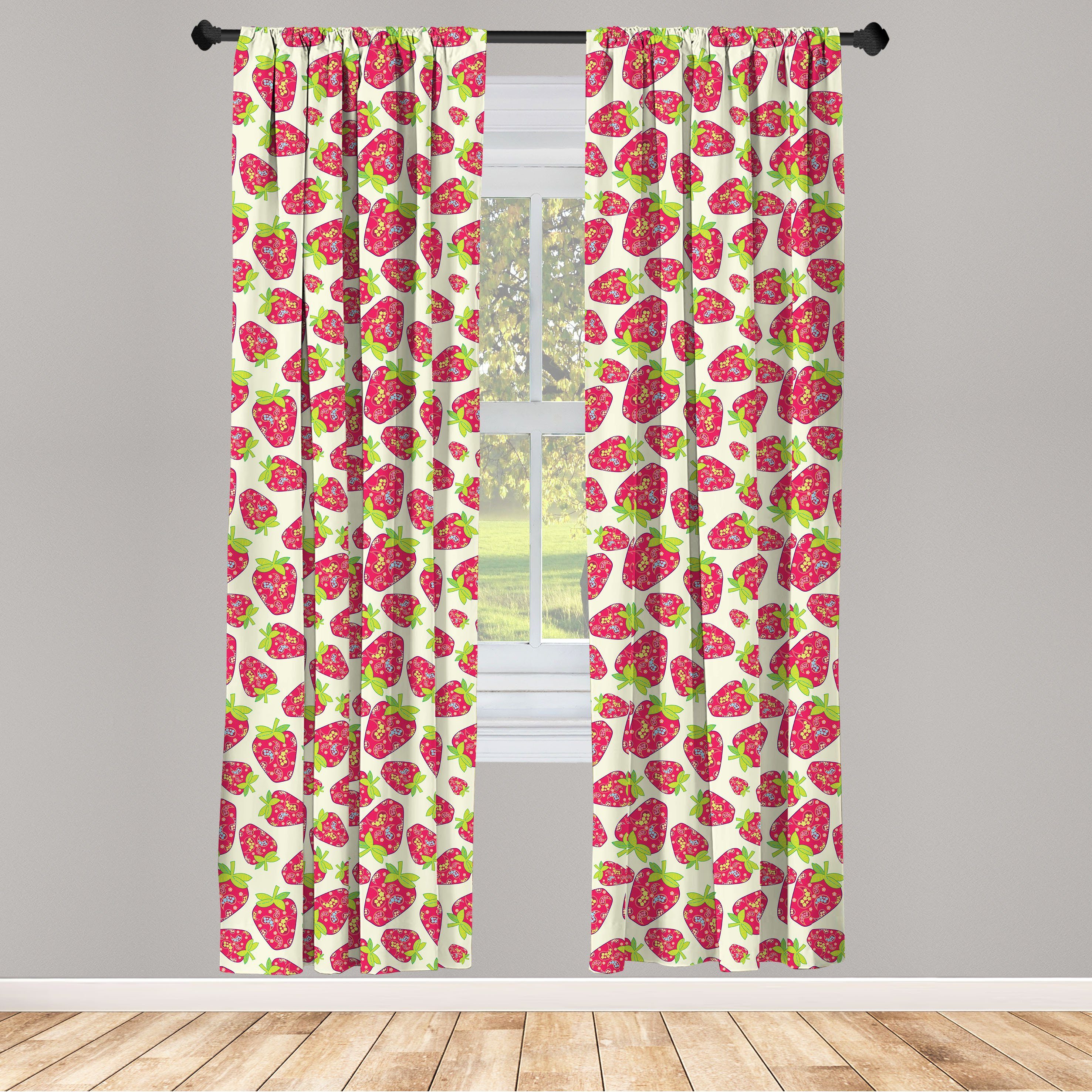 Gardine Vorhang für Wohnzimmer Schlafzimmer Erdbeere Obst Motive Abakuhaus, Paisley Dekor, Microfaser