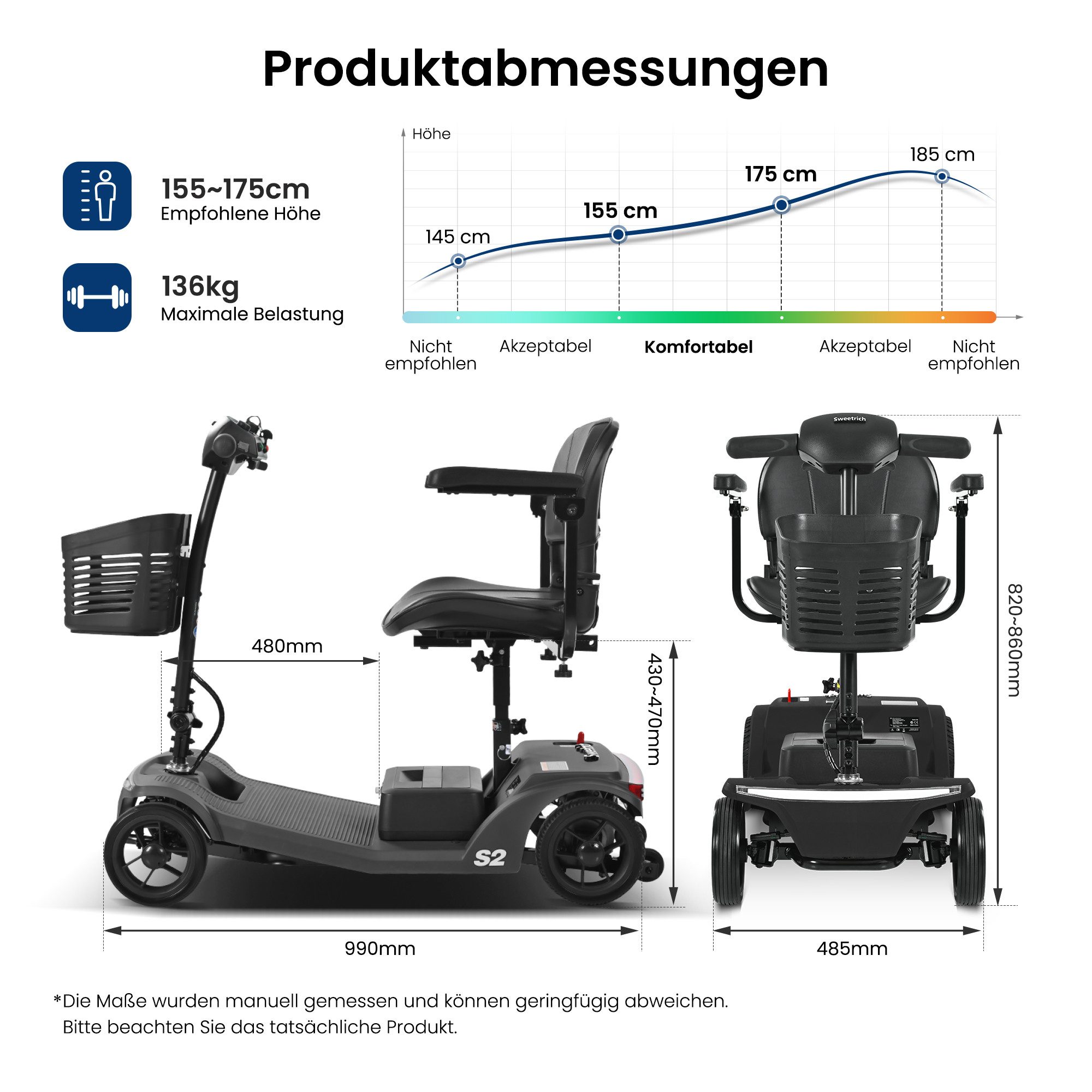 LVHOM Elektromobil faltbar Seniorenmobil, 4-Rad-Scooter, 15-25km, 12Ah, 250 W, 6 km/h, (abnehmbar Blei-Säure-Ionen Batterie + USB-Ladeanschluss + Vorderer Aufbewahrungskorb + Atmungsaktiver Höhenverstellbarer Sitz + verstellbarer Lenker + XXL-Fußraum), 136 kg Tr.Kr. Gesamtgewicht: 37kg