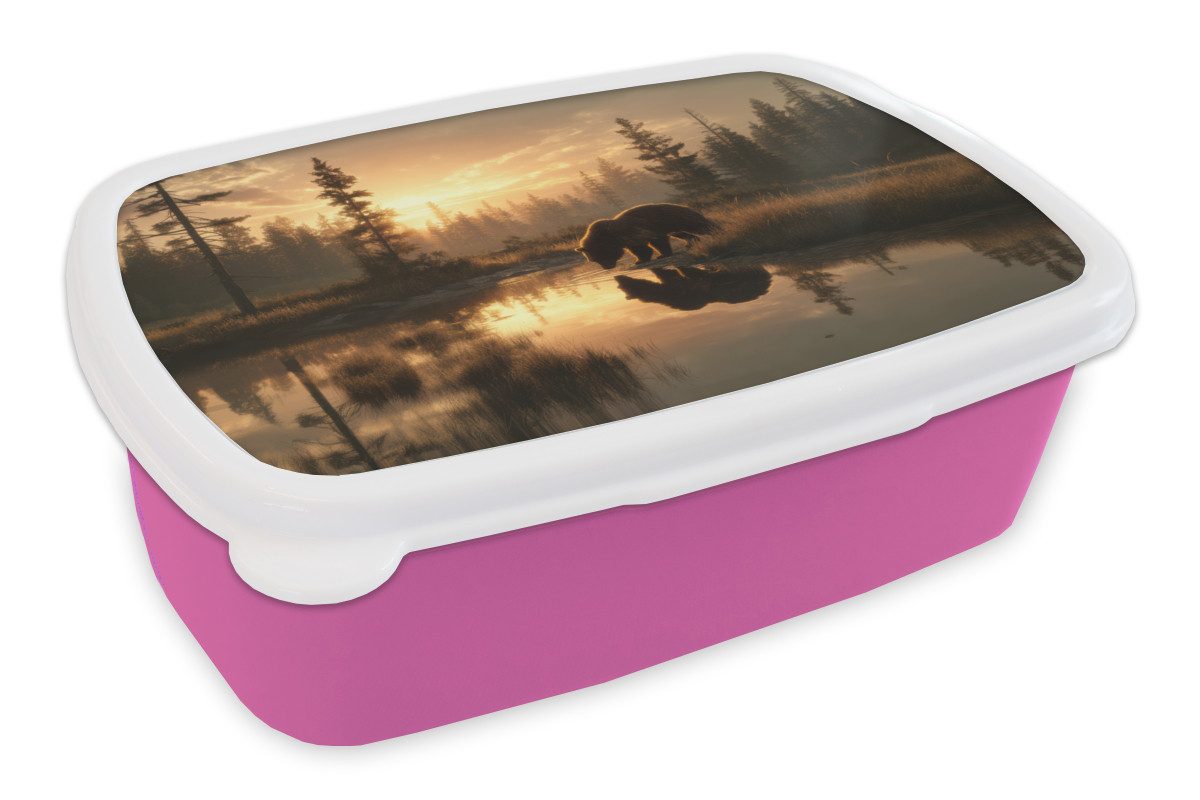 MuchoWow Lunchbox Bär - Wasser - Wald - Morgenlicht, Kunststoff, (2-tlg), Brotdosen, Lunch Box, Brotbox für Kinder und Erwachsene