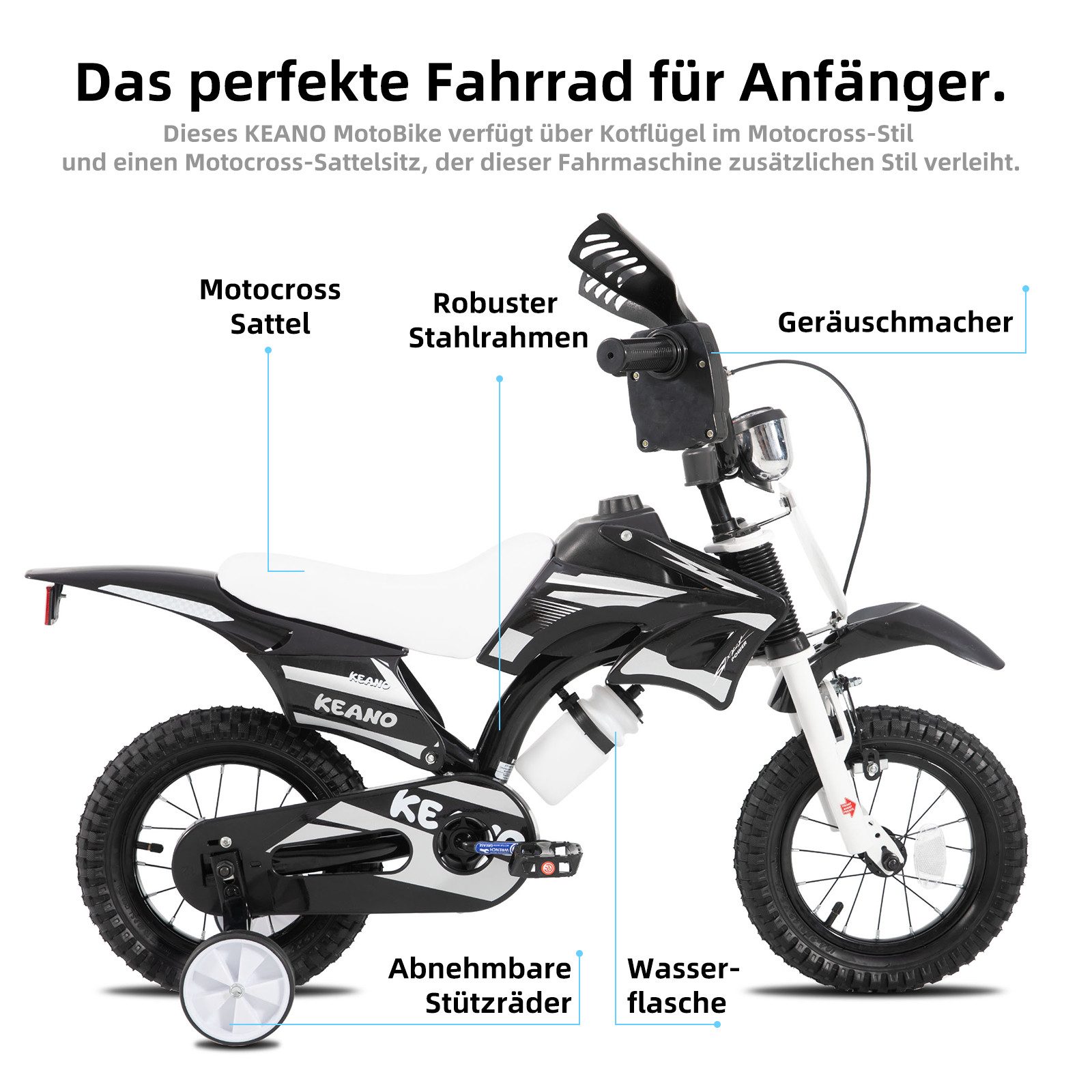 JOYSTAR Kinderfahrrad 12/16 Zoll fahrrad im Motorradstil für 3-8 Jahren Jungen und Mädchen, mit Stützrädern, Getränkehalter und Schutzblechen