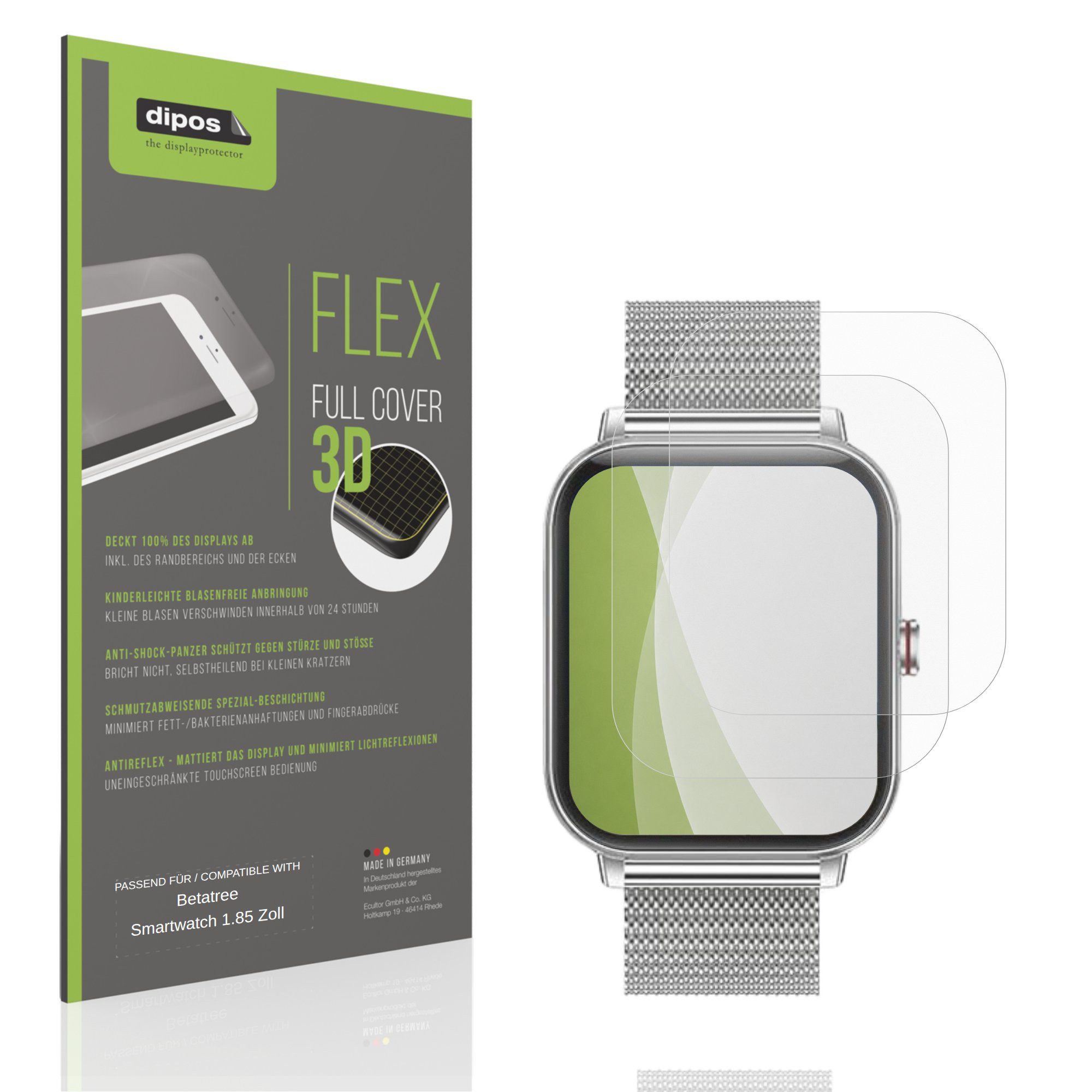 dipos Displayschutzfolie Schutzfolie für Betatree Smartwatch 1.85 Zoll, 2 Stück, Displayschutz Schutz Folie Made in Germany