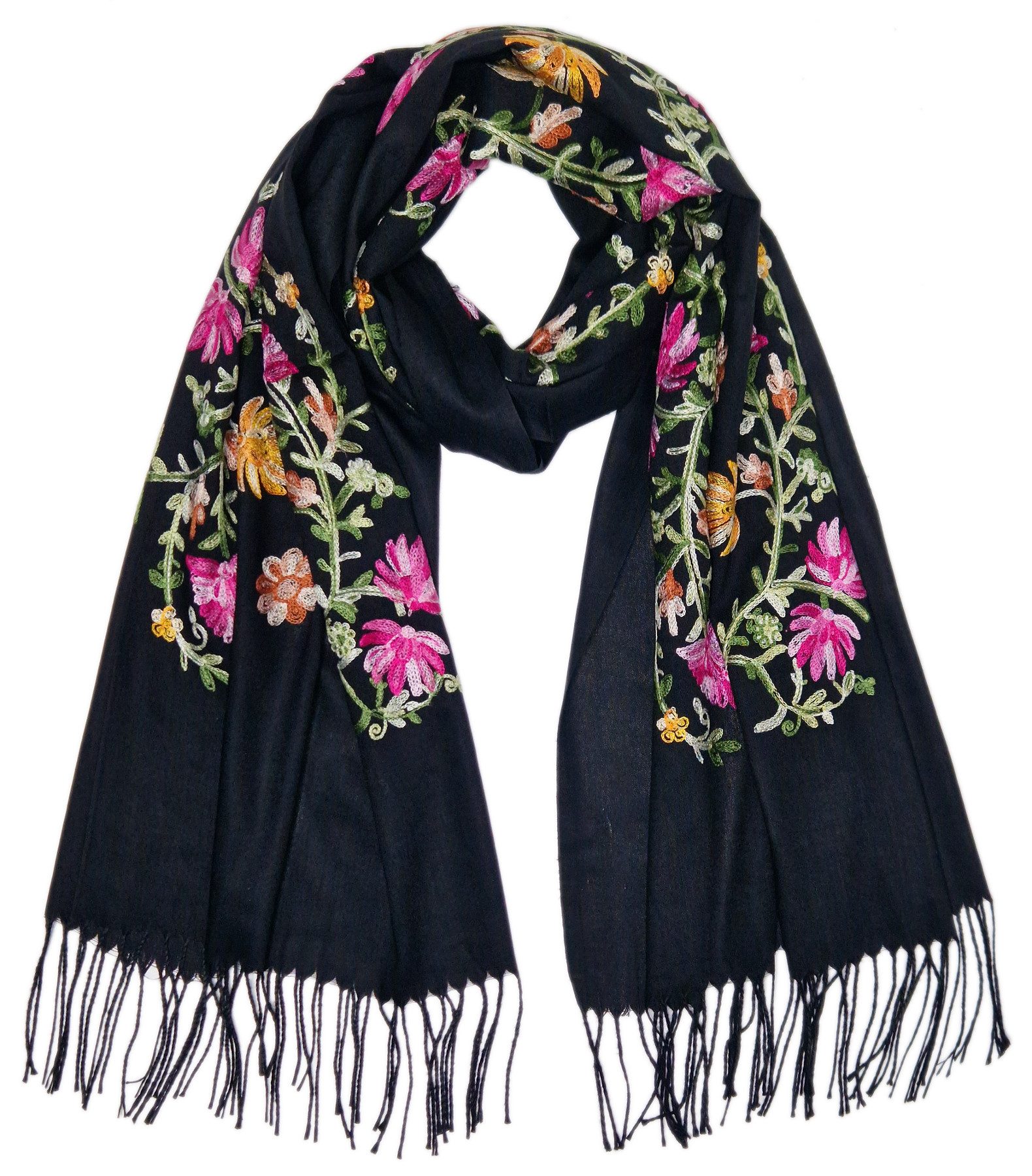 dy_mode Modeschal Damen Schal mit Stickerei Stola Frühlingsschal Weiches Halstuch, mit Blumen-Stickerei, mit Fransen