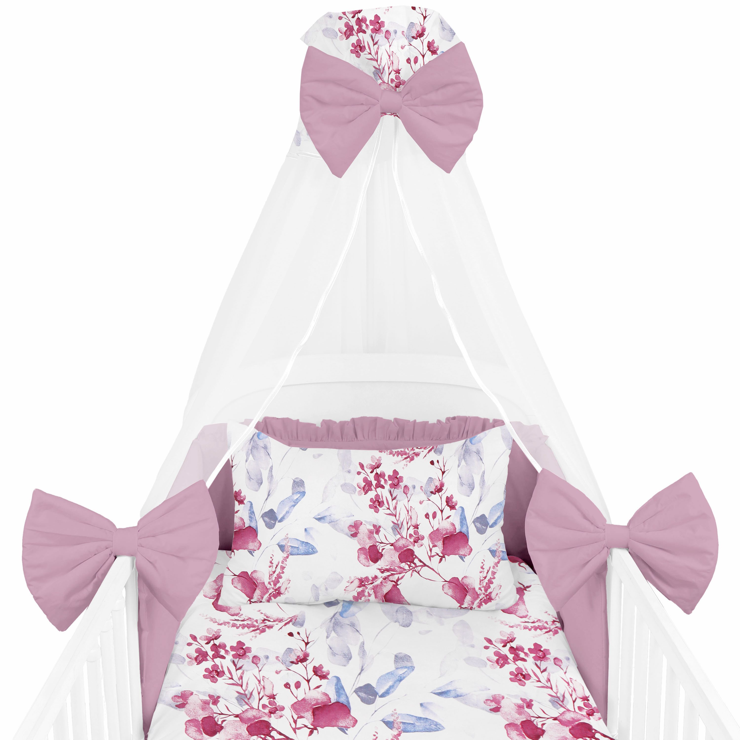 Amilian Babybettwäsche Set 7-teilig - Bettwäsche 100x135 - Kissenbezug 40x60 - mit Himmel, Chiffonhimmel, 7 teilig, Komplett-Set für Babybett, Gitterbett - Kinderbettwäsche