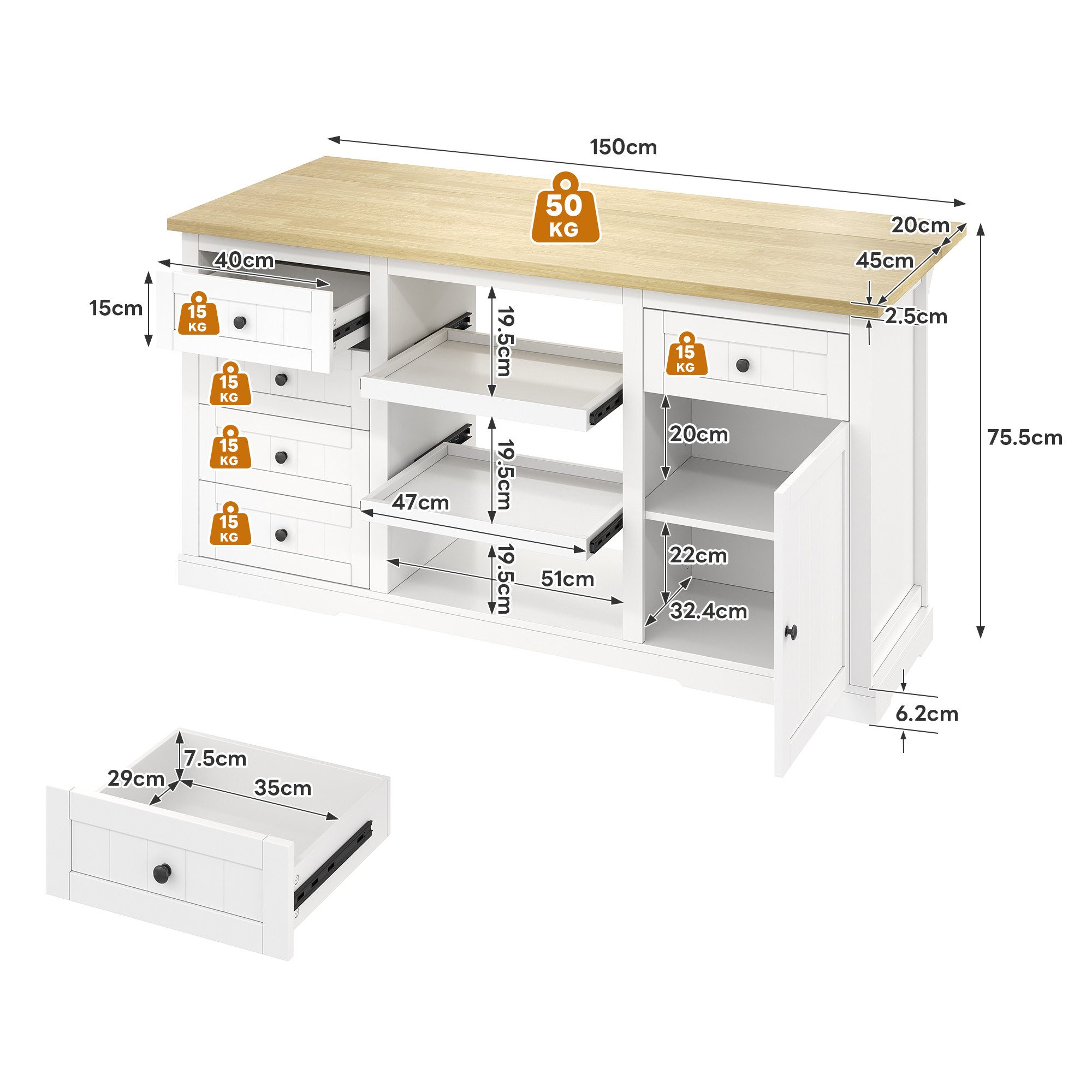 Flieks Küchenbuffet Kücheninsel mit Steckdosen und erweiterbaren Arbeitsplatte Weiß (B150/T45-65/H75,5 cm, 1-St., Schrank mit verstellbaren Einlegeböden) Küchen – Bild 5 von 5