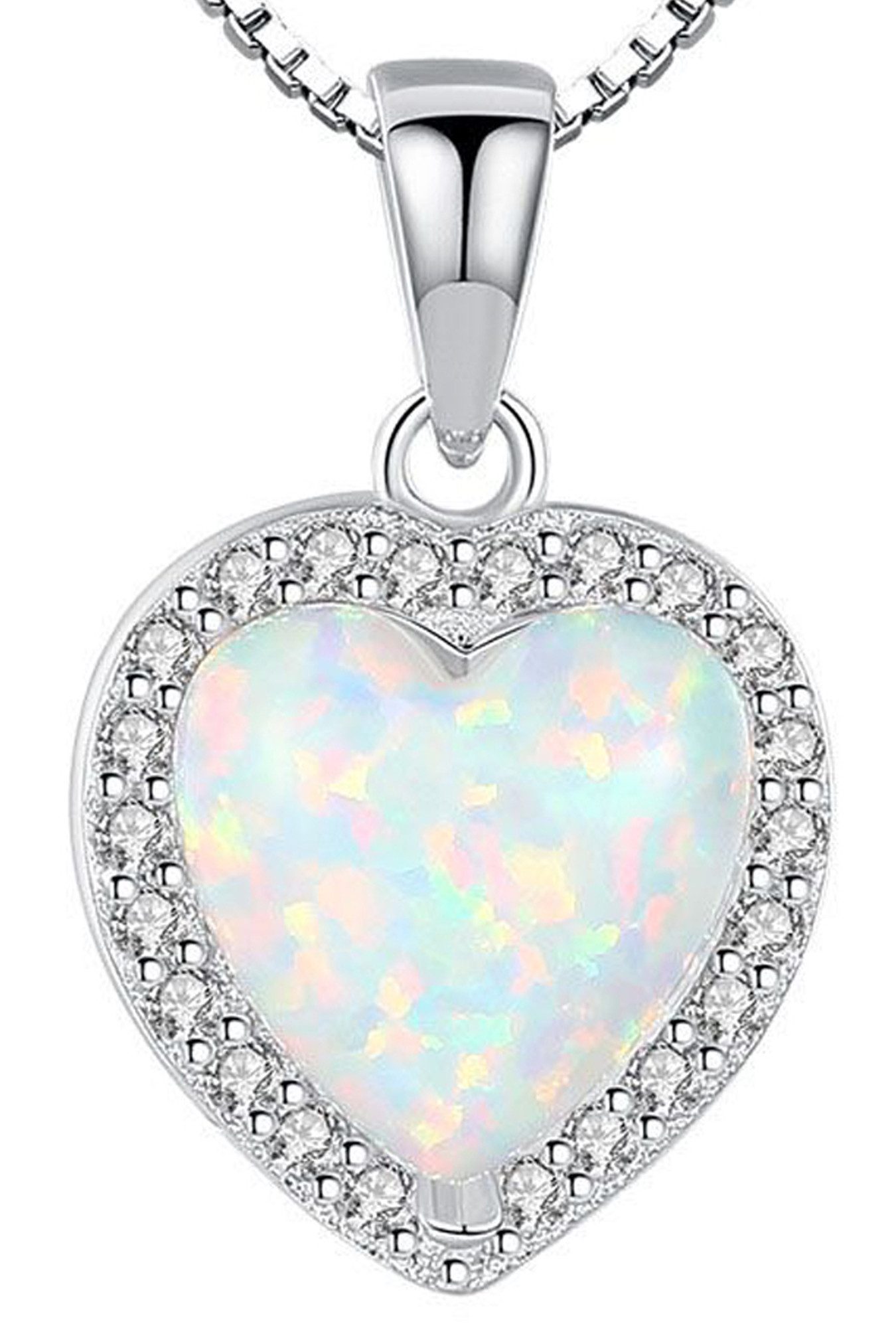 Limana Herzkette 925 Sterling Silber Kette mit Herz Anhänger 40-45cm künstlicher Opal, Liebe Geschenk für Frauen Damen Ehefrau Freundin Idee Liebesgeschenk