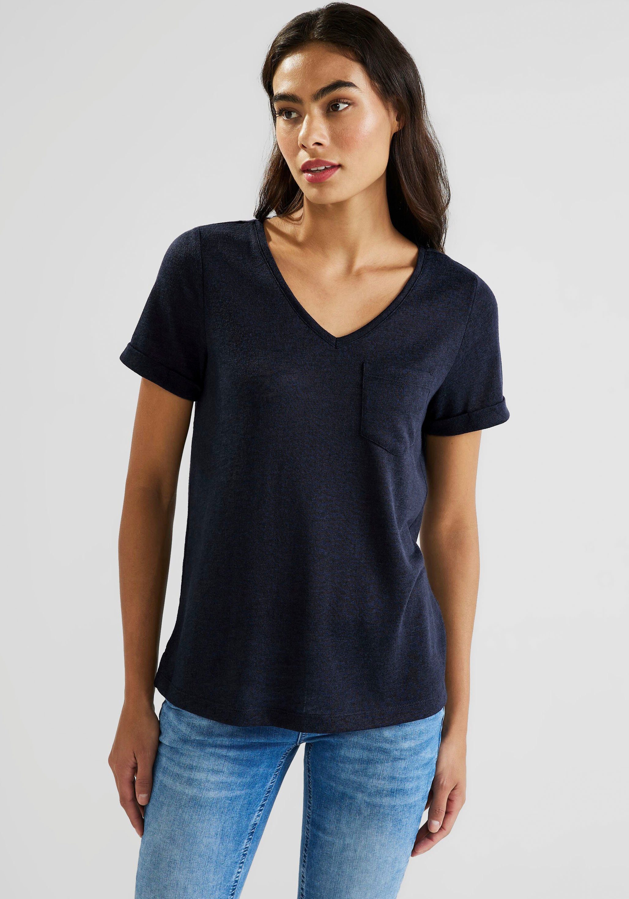 STREET ONE Kurzarmshirt mit großem V-Ausschnitt deep blue