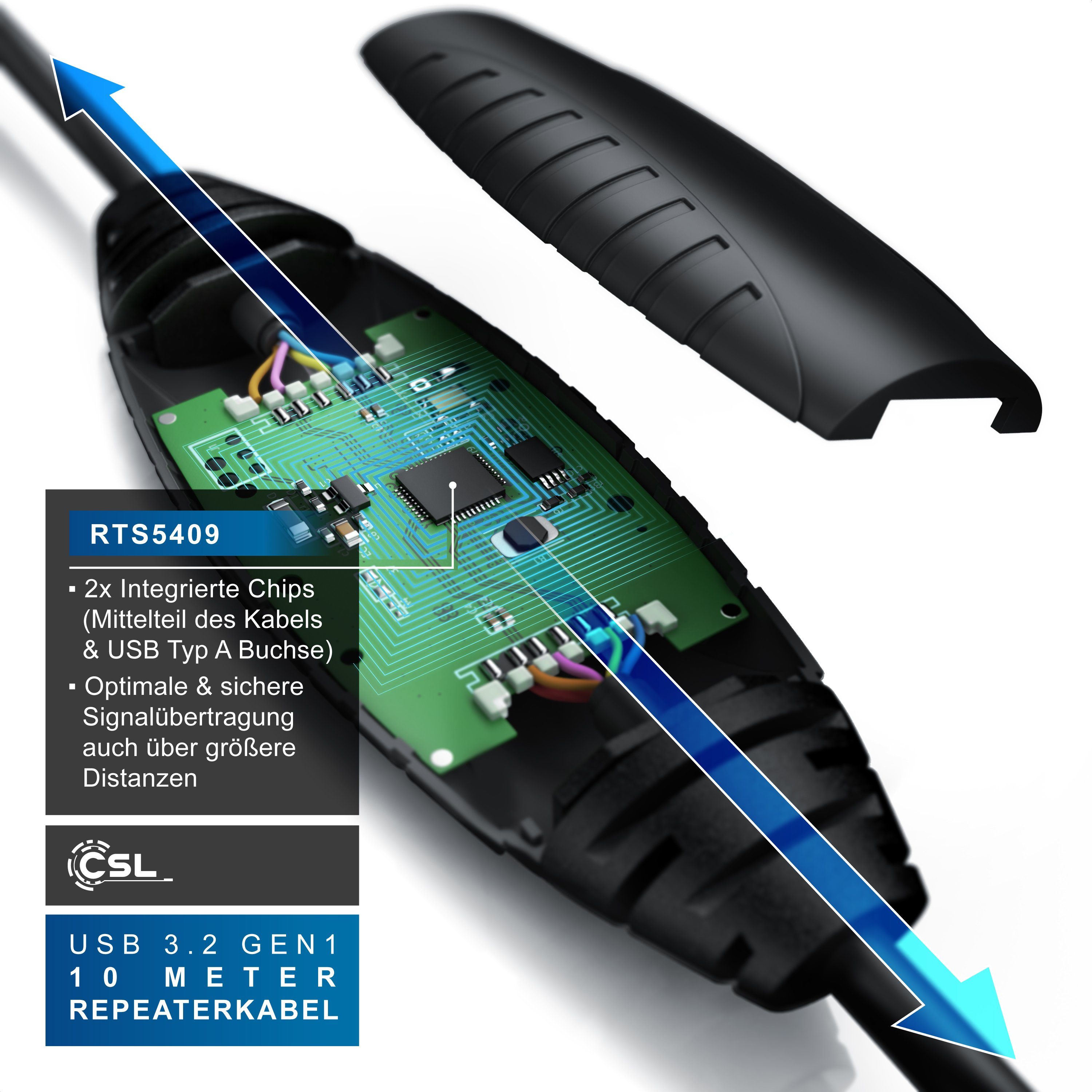 CSL USB 3.2 Gen 1 Repeaterkabel Verlängerung aktiv Gen1, Repeater - 10m Verlängerungskabel, USB Typ A, (1000 cm), Repeater Verlängerung Verstärker Kabel für Dru – Bild 5 von 5