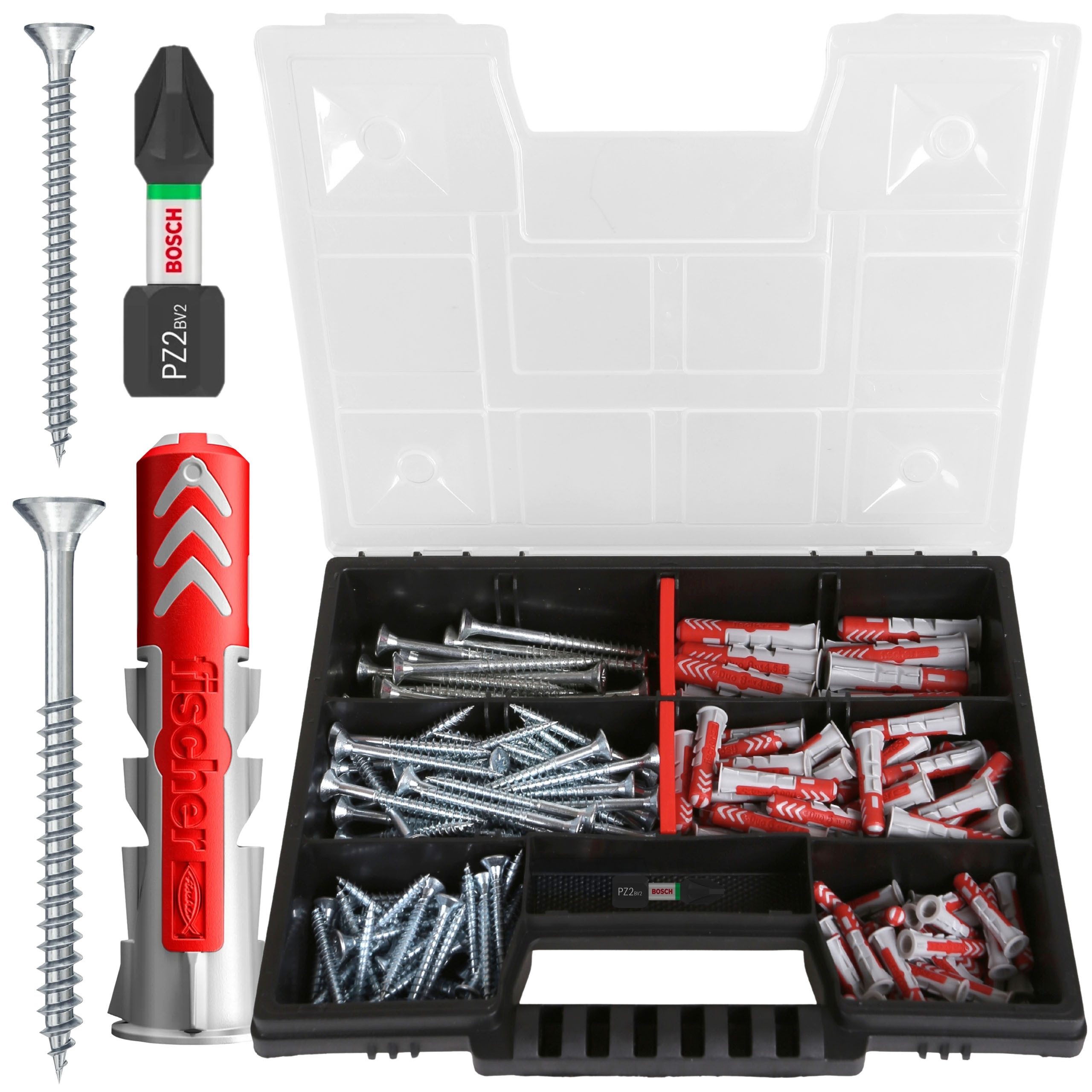 fischer Schrauben- und Dübel-Set Fischer DuoPower Dübel Schrauben Set + Bosch PZ2 Bit, 201 Teile