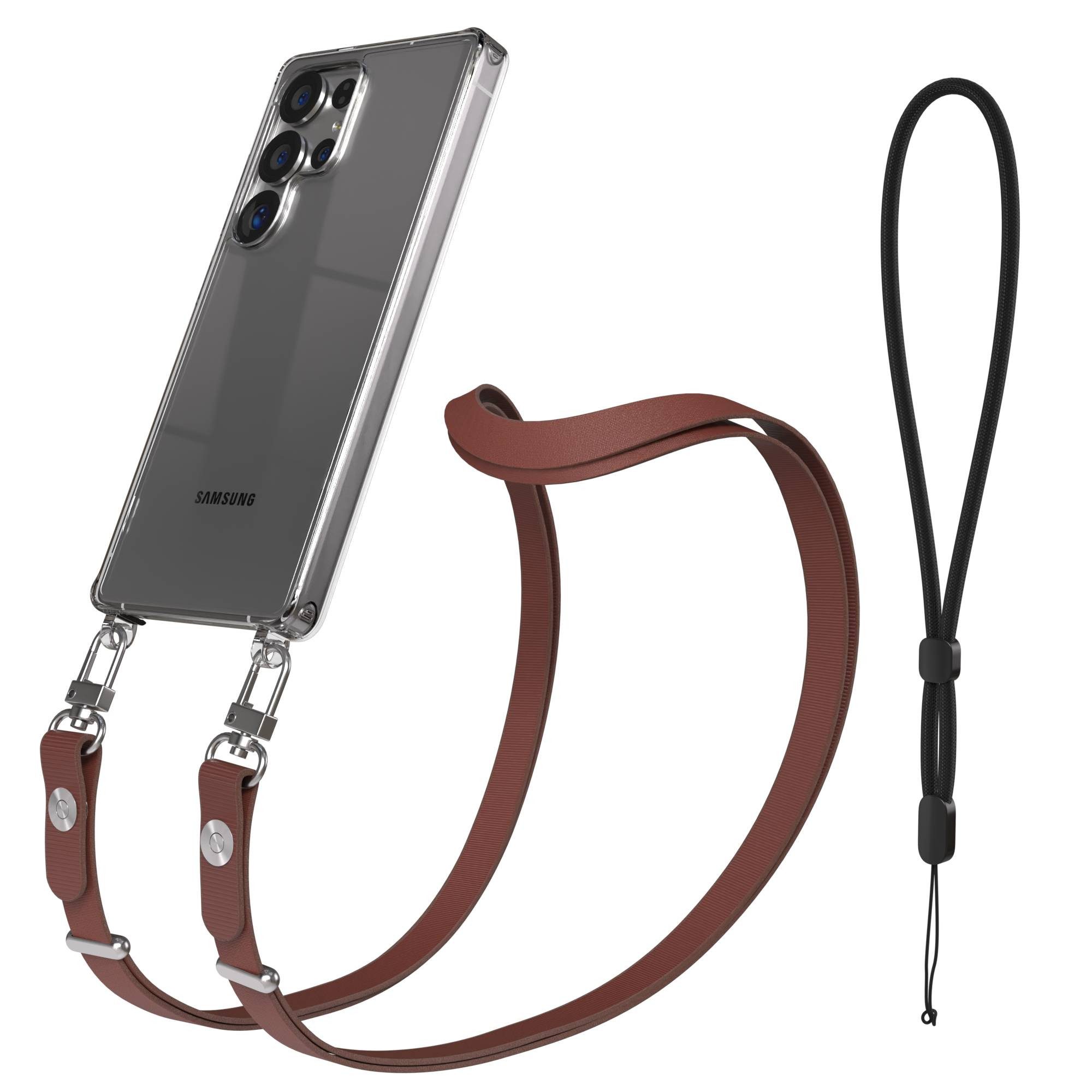 EAZY CASE Handykette für Samsung Galaxy S25 Ultra Handyhülle mit Handyband magnetisch, Smartphone Band in Dunkelbraun mit 2x2 Connectoren und Magnetband