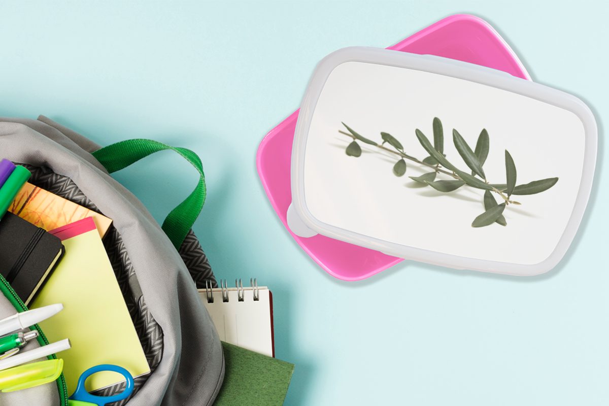 MuchoWow Lunchbox Erwachsene, Mädchen, rosa Snackbox, Brotbox Brotdose weißem (2-tlg), Olivenzweig auf für Kunststoff, Kunststoff Kinder, Hintergrund