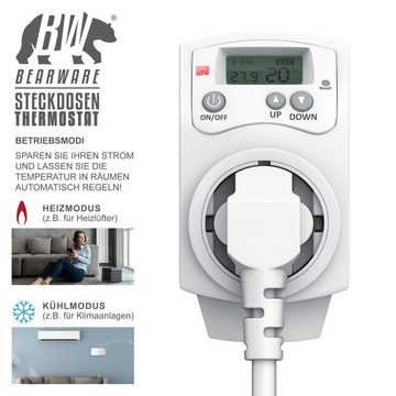 BEARWARE Steckdosen-Thermostat, max. 3680 W, Steckdosen Thermostat programmierbar von 5°-30°C LCD Display mit Statusanzeige