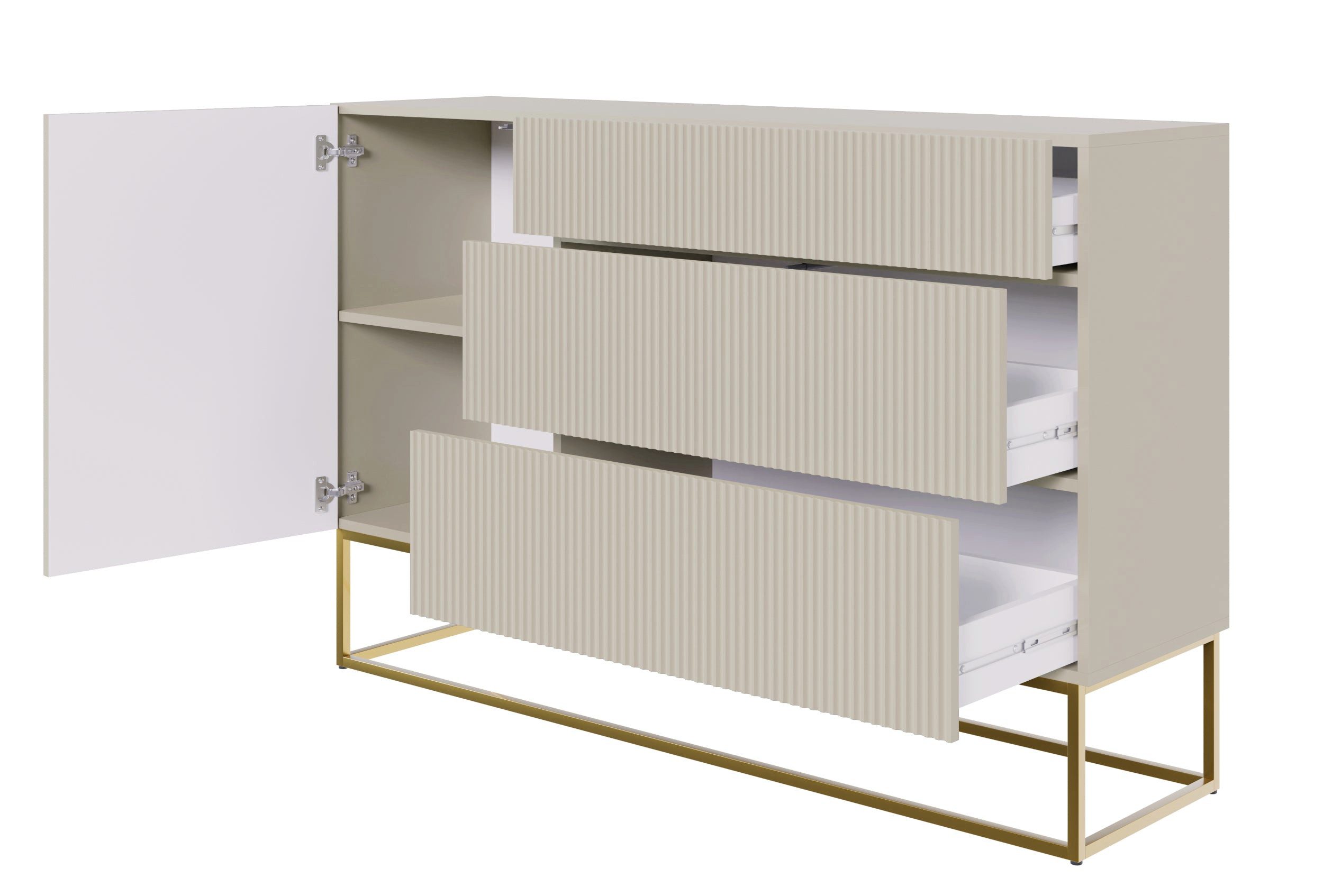 Selsey Sideboard VELDIO, 1-türig mit 3 Schubladen, greige mit Gestell in Gold, 140 cm