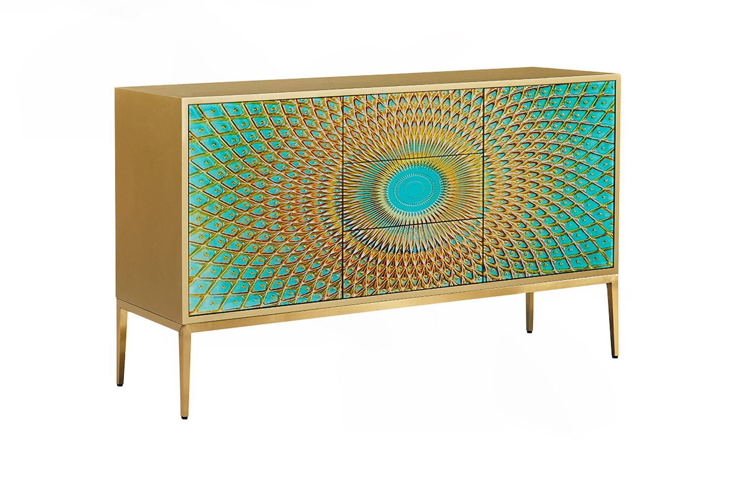 KAWOLA Sideboard, 2 Türen 3 Schubladen Glas grün/gold 140/85/40 cm (B/H/T)