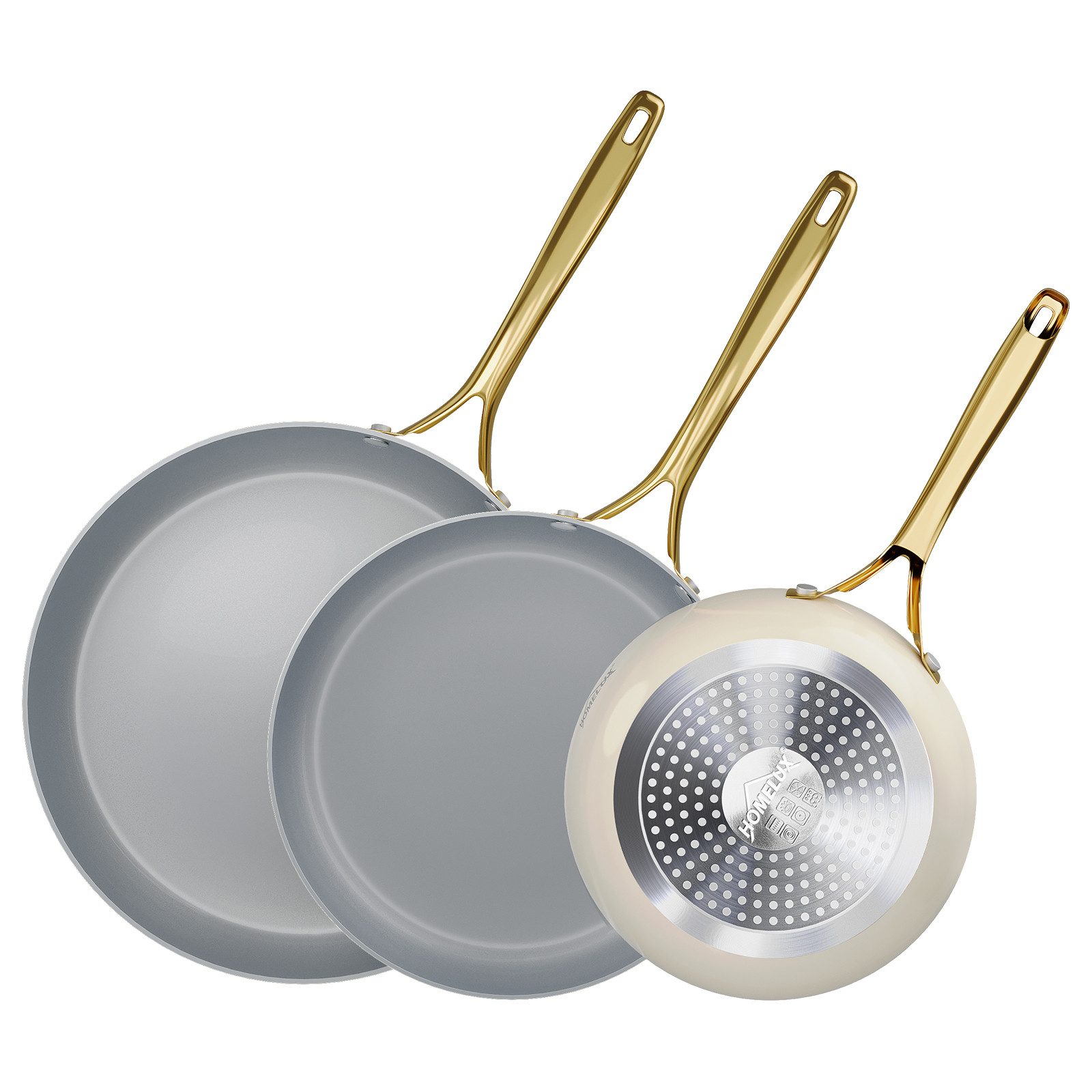 HOMELUX Сковороды-Set Bratpfanne Keramikpfanne Induktion Aluminium Pfanne mit Edelstahlgriff, Aluminium (Pfannenset, 3-tlg), Indukion,Keramikbeschichtung,weiß grau pfanne, gold griff