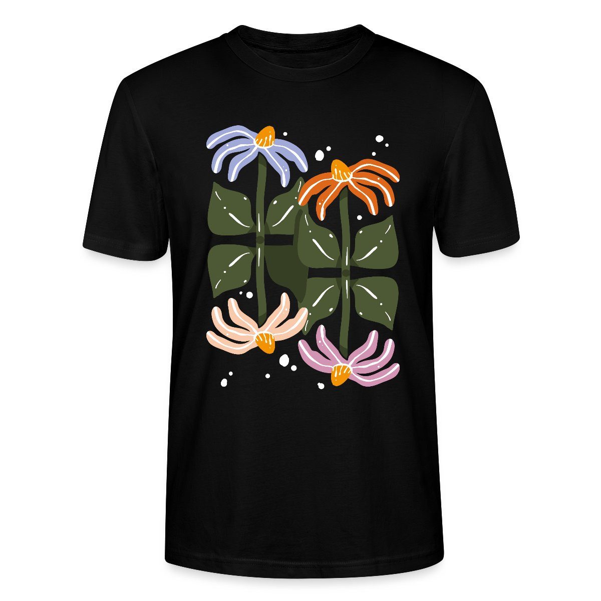 T-Shirt Bunte Retro Blumen Illustration Im Boho Stil Unisex Bio T-Shirt
