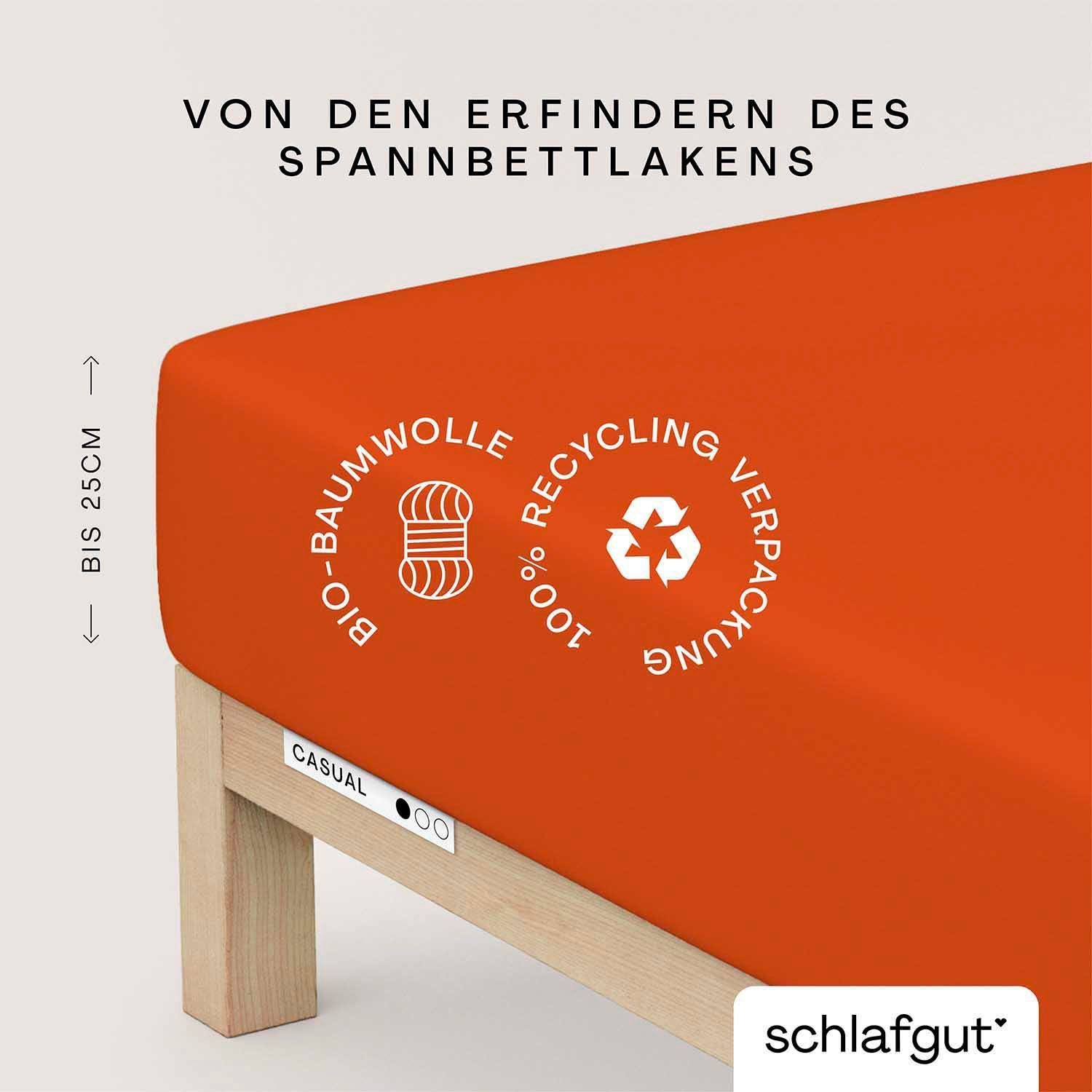 Schlafgut Spannbettlaken CASUAL Bettlaken 100% gekämmte Bio-Baumwolle, 150 g/m², Spannbetttuch, Jersey, Gummizug: rundum, (1 Stück), Bettlaken bis 25 cm Höhe, langlebig, weich, Antipilling-Ausrüstung