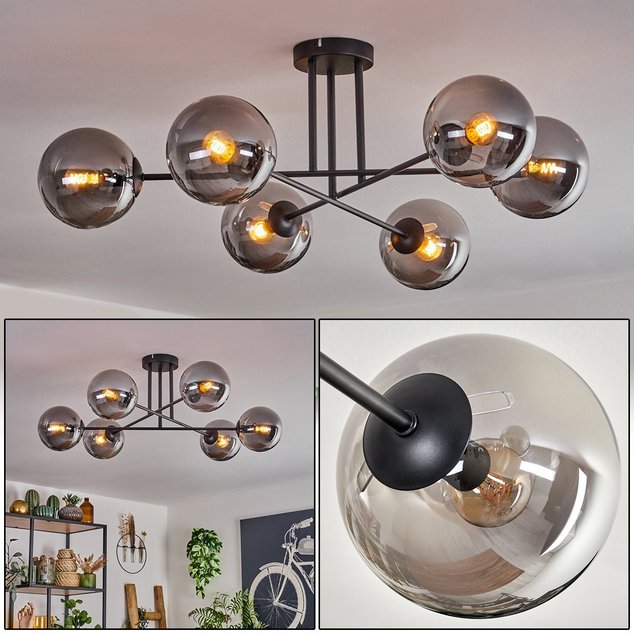 hofstein Deckenleuchte Deckenlampe aus Metall/Glas in Schwarz/Rauchfarben, günstig online kaufen