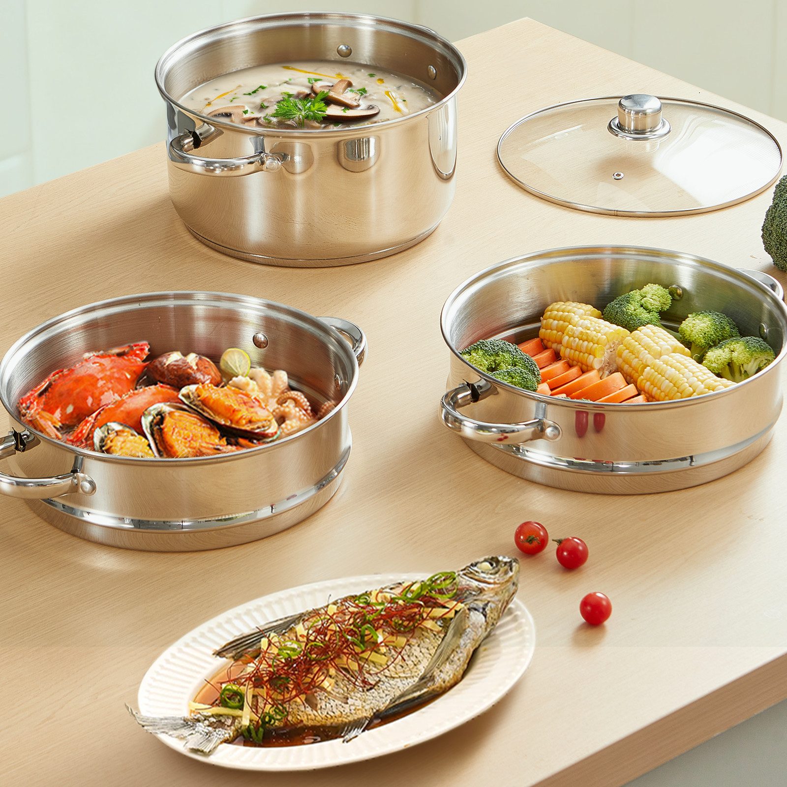 FOHERE Dampfgartopf Ø 26cm Dampftopf aus Edelstahl für alle Herdarten, auch Induktion, 3 In 1 mit Dampfeinsatz und Glasdeckel