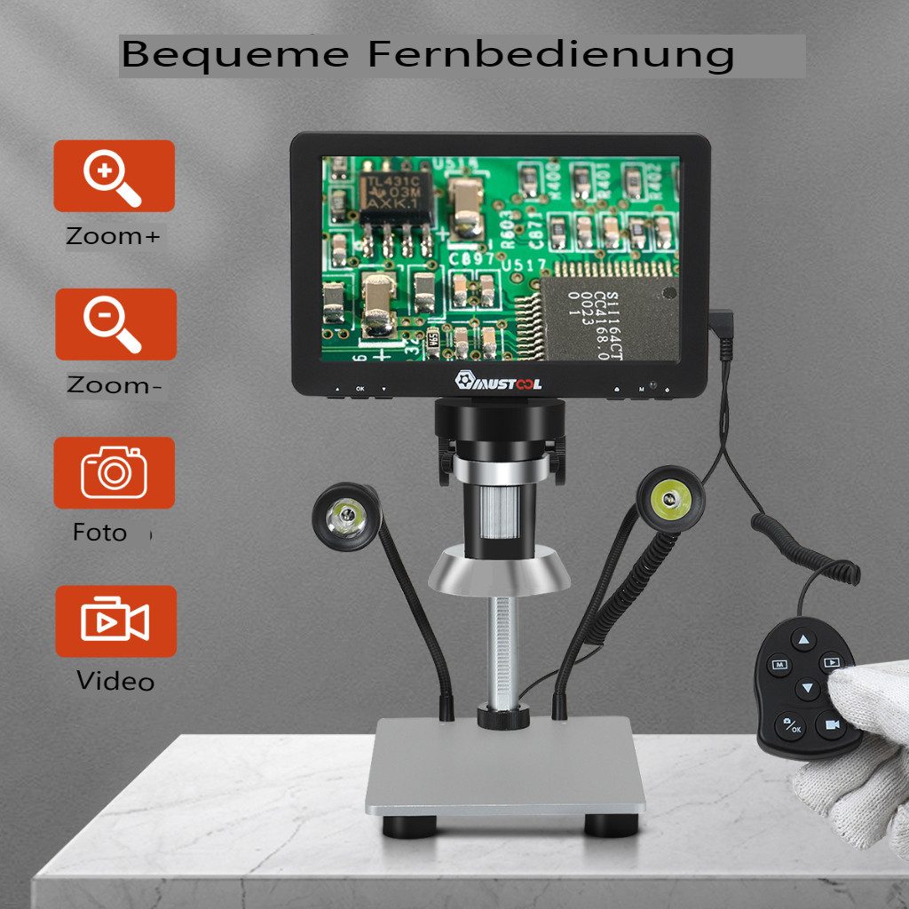Insma Digitalmikroskop (7 Zoll 12MP 1200X 1080P HD mit Reflektorabdeckung, LED-Licht, Fokus)