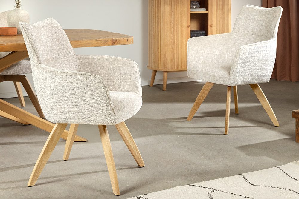 riess-ambiente Drehstuhl ASGARD champagner – Chenille Cremona, Holzbeine, Armlehne & Federkern (Einzelartikel, 1 St), 180° drehbar mit Rücklaufautomatik – ideal für Esszimmer, Küche & Büro
