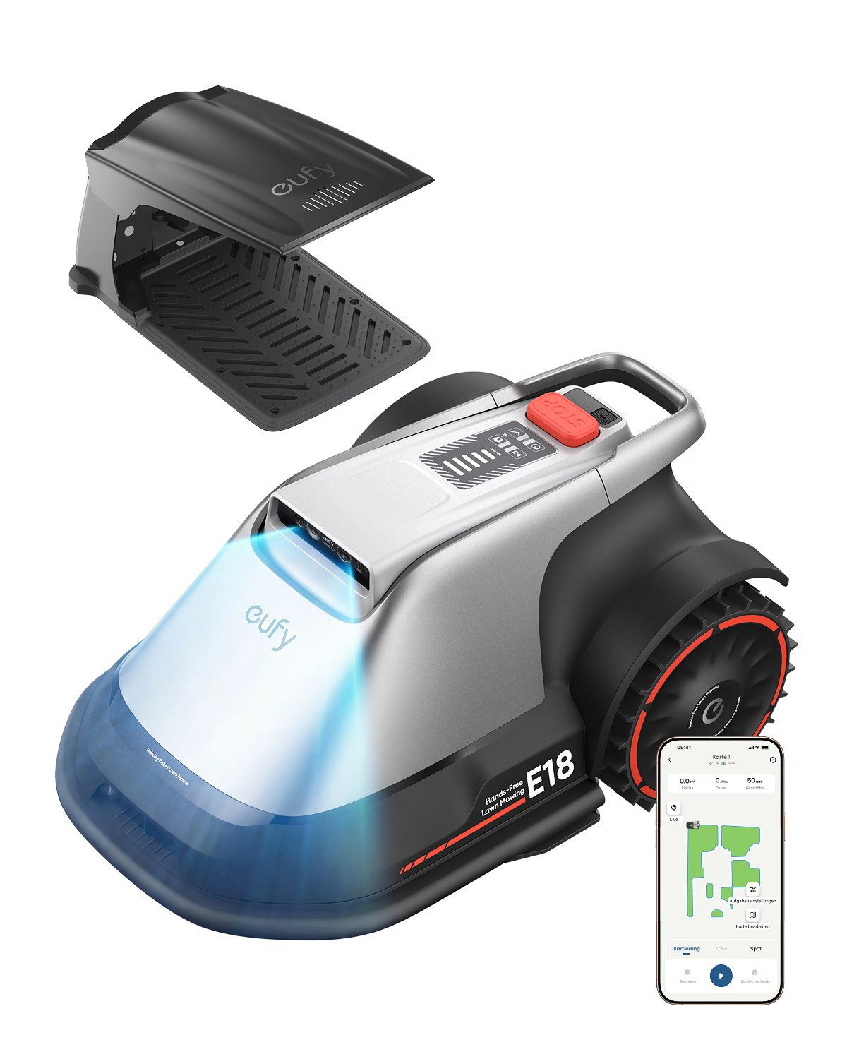 eufy Rasenmähroboter E15&E18 ohne begrenzungsdraht, bis 1200 m² Rasenfläche, (App-Steuerung), mit ladestation,mit Regensensor,Diebstahlschutz
