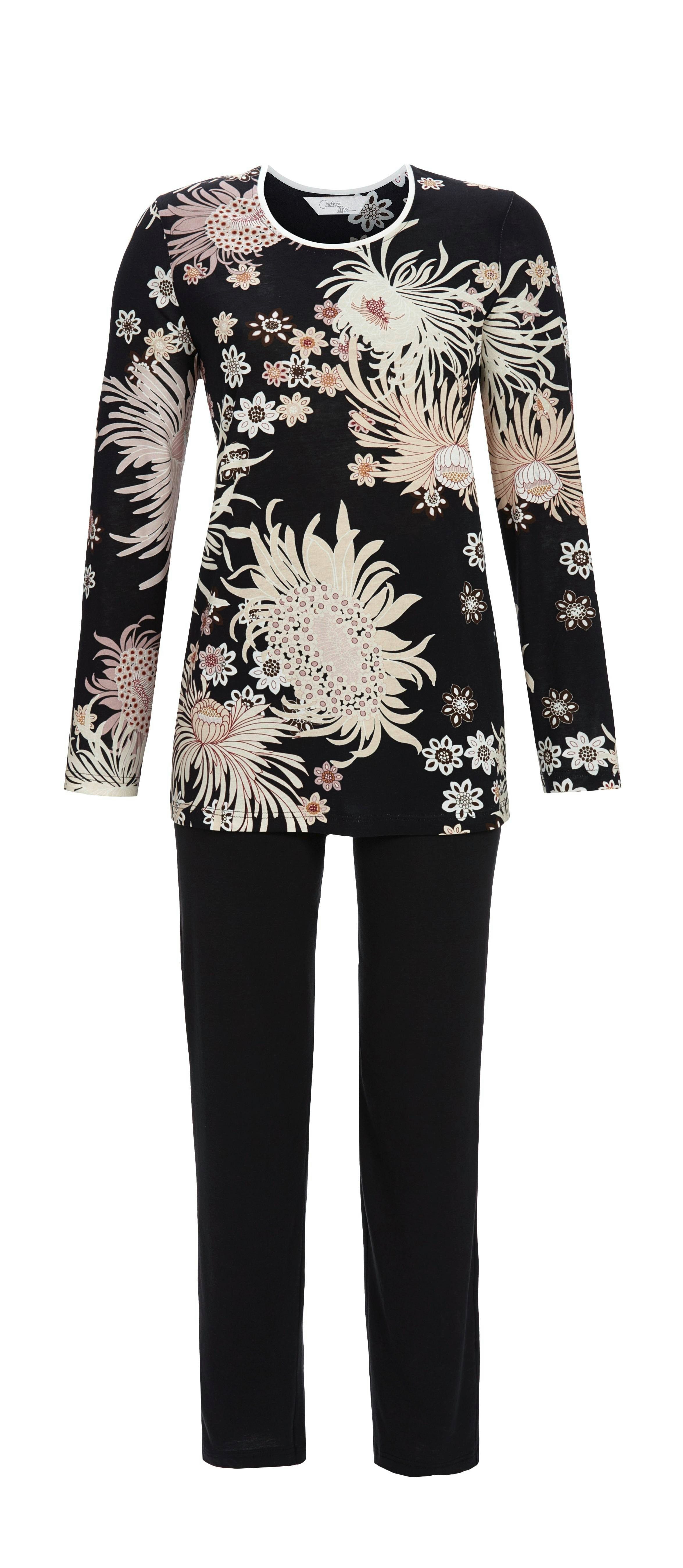 Chérie Line Pyjama - Schlafanzug mit Blumenallover-Oberteil und unifarbiger günstig online kaufen