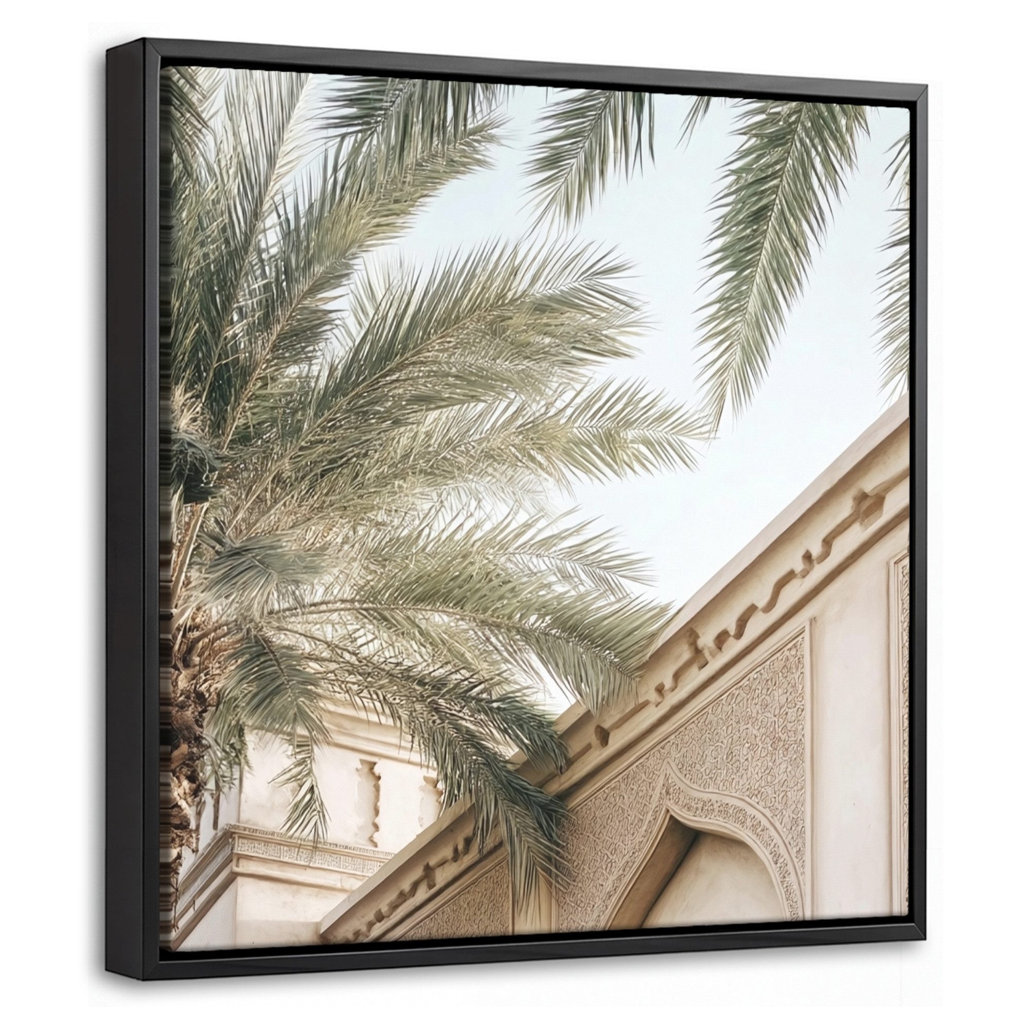 OneMillionCanvasses® Leinwandbild mit Rahmen - Gebäude - Palmen - Beige - Sonne, Fotodruck (1 St), Leinwand Bilder Klein, Wand Dekoration Aesthetic 20x20cm