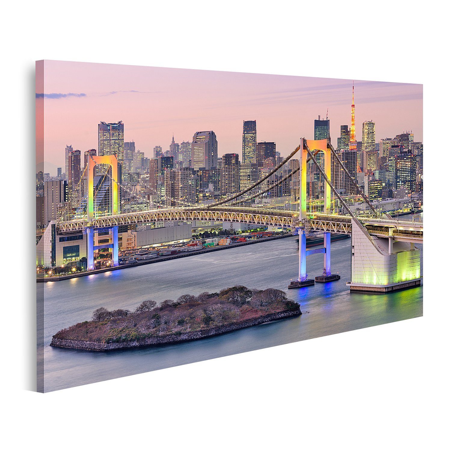 Leinwandbild Bild auf Leinwand Tokyo Japan Skyline mit Regenbogenbrücke und Tokyo T