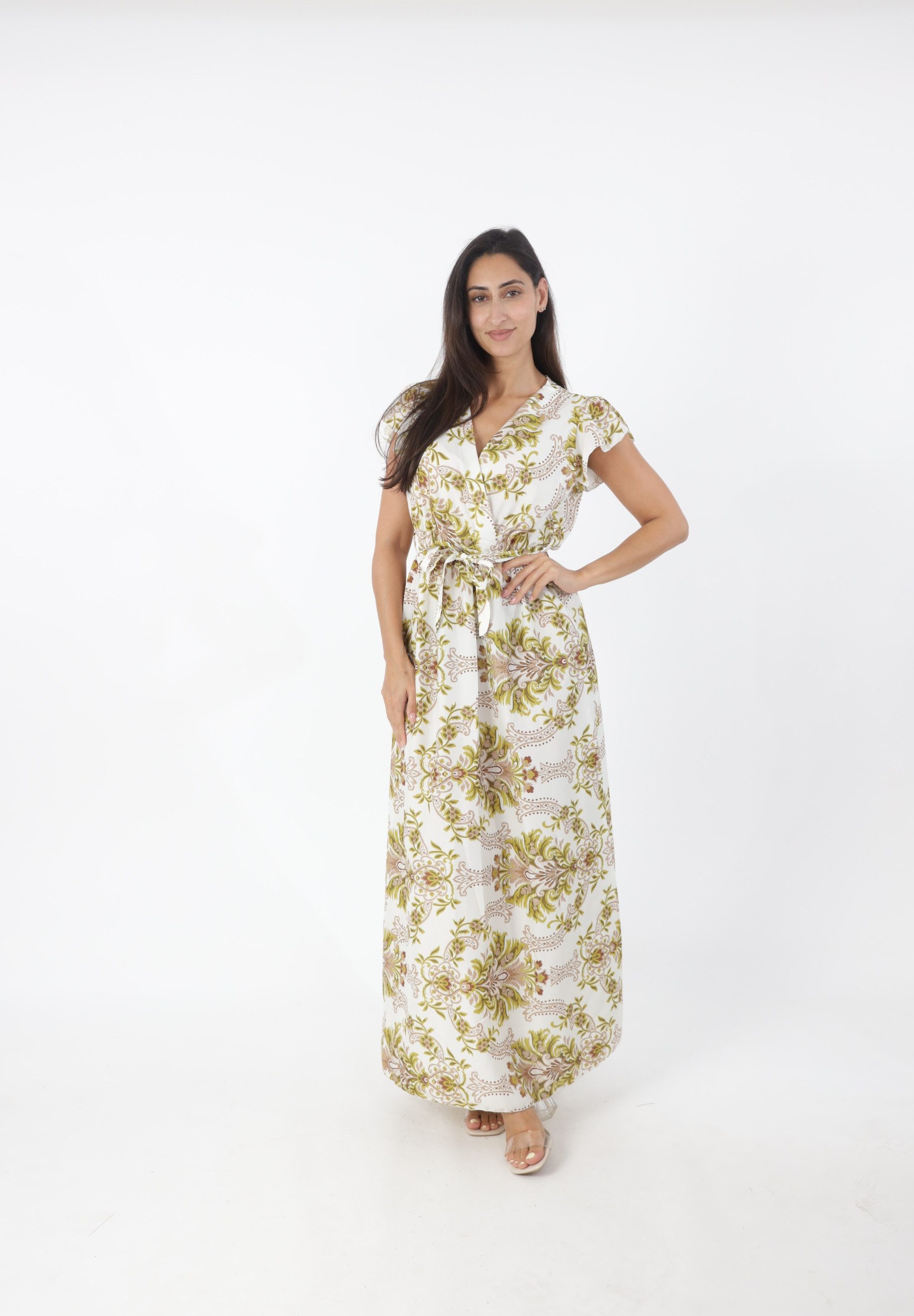 Elara Maxikleid — Damen Sommerkleid mit Blumenmuster, Wickeloptik und Bindegürtel (1-tlg)