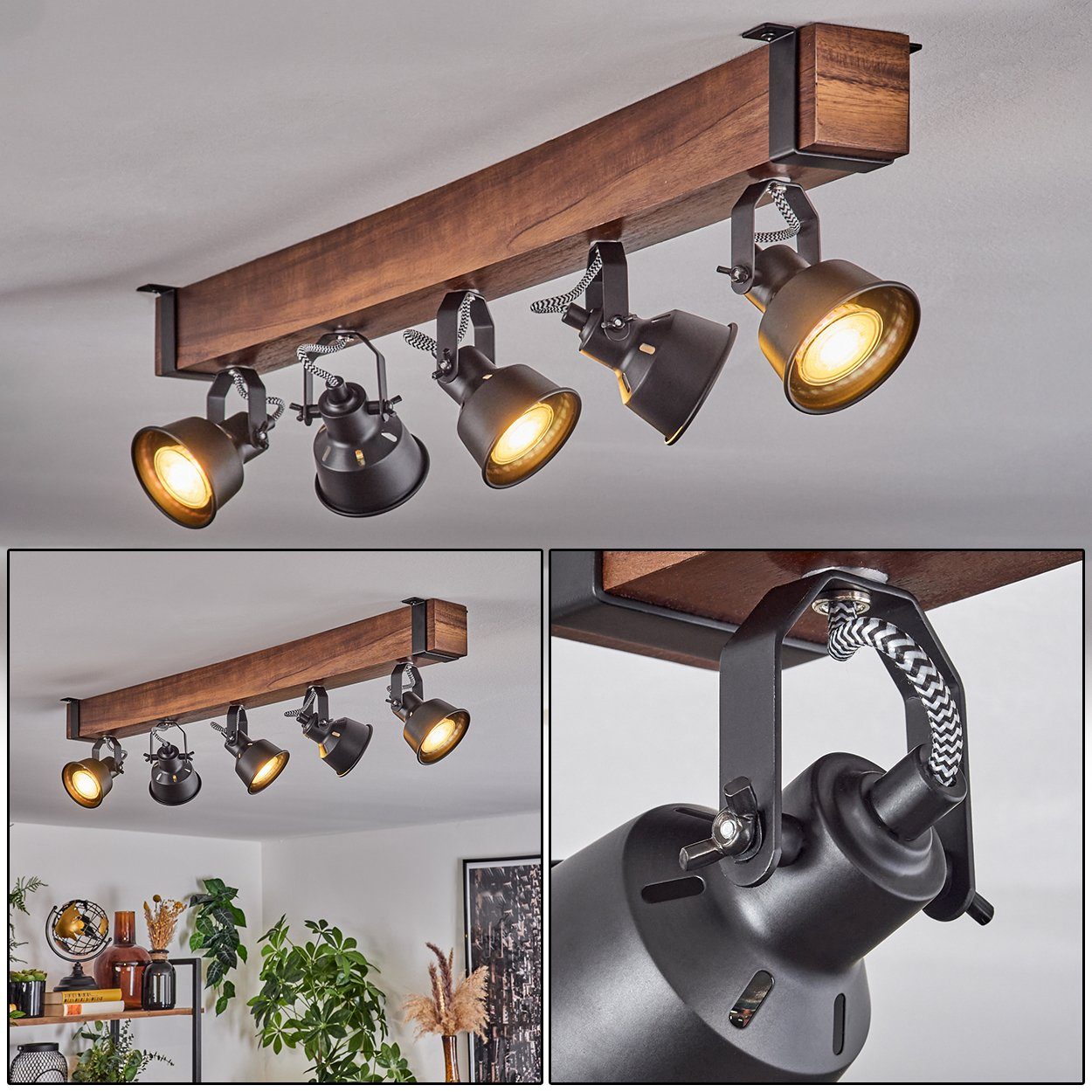 hofstein Deckenleuchte moderne Deckenlampe Schirmen, GU10 verstellbaren Metall/Holz Leuchtmittel, aus Deckenleuchte ohne mit Leuchtmittel 5x ohne Schwarz/Dunkelbraun, in